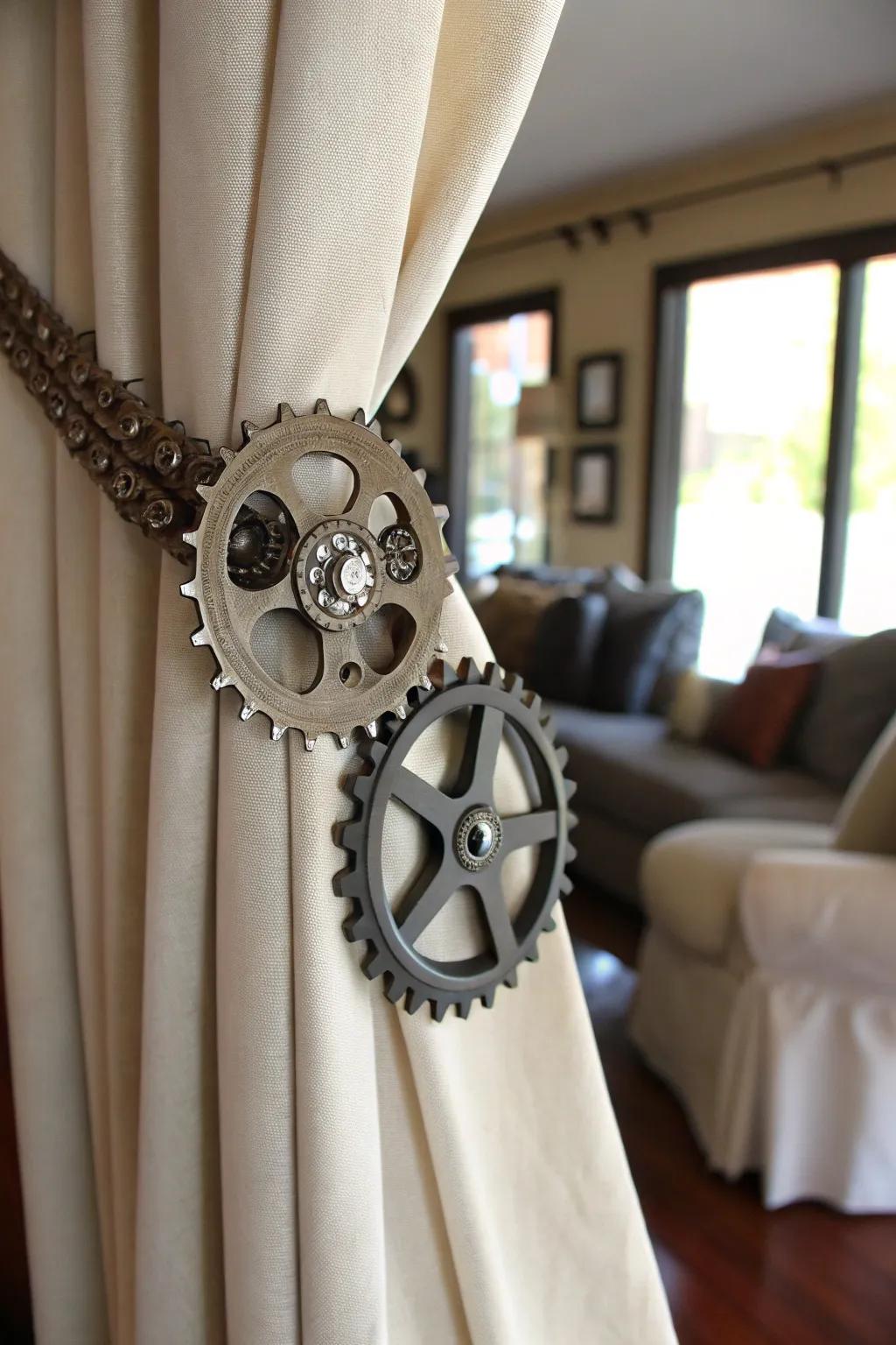 Transmute your expanse through industrial allure: Bicycle Cog Curtain Tieback.