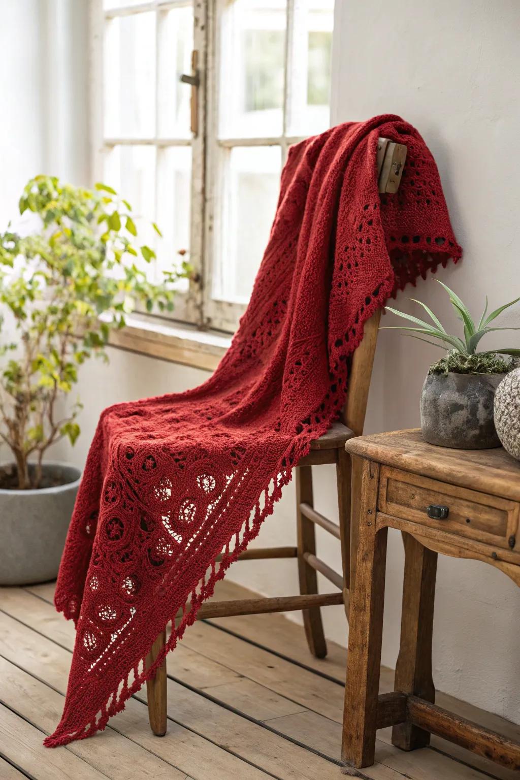 Envelop yourself in the romance of scarlet crochet, where elegance converges with simplicity.