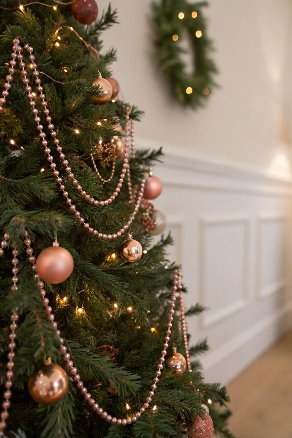 A chic roseate jeweled chain introduces luxury to the tree aesthetic.