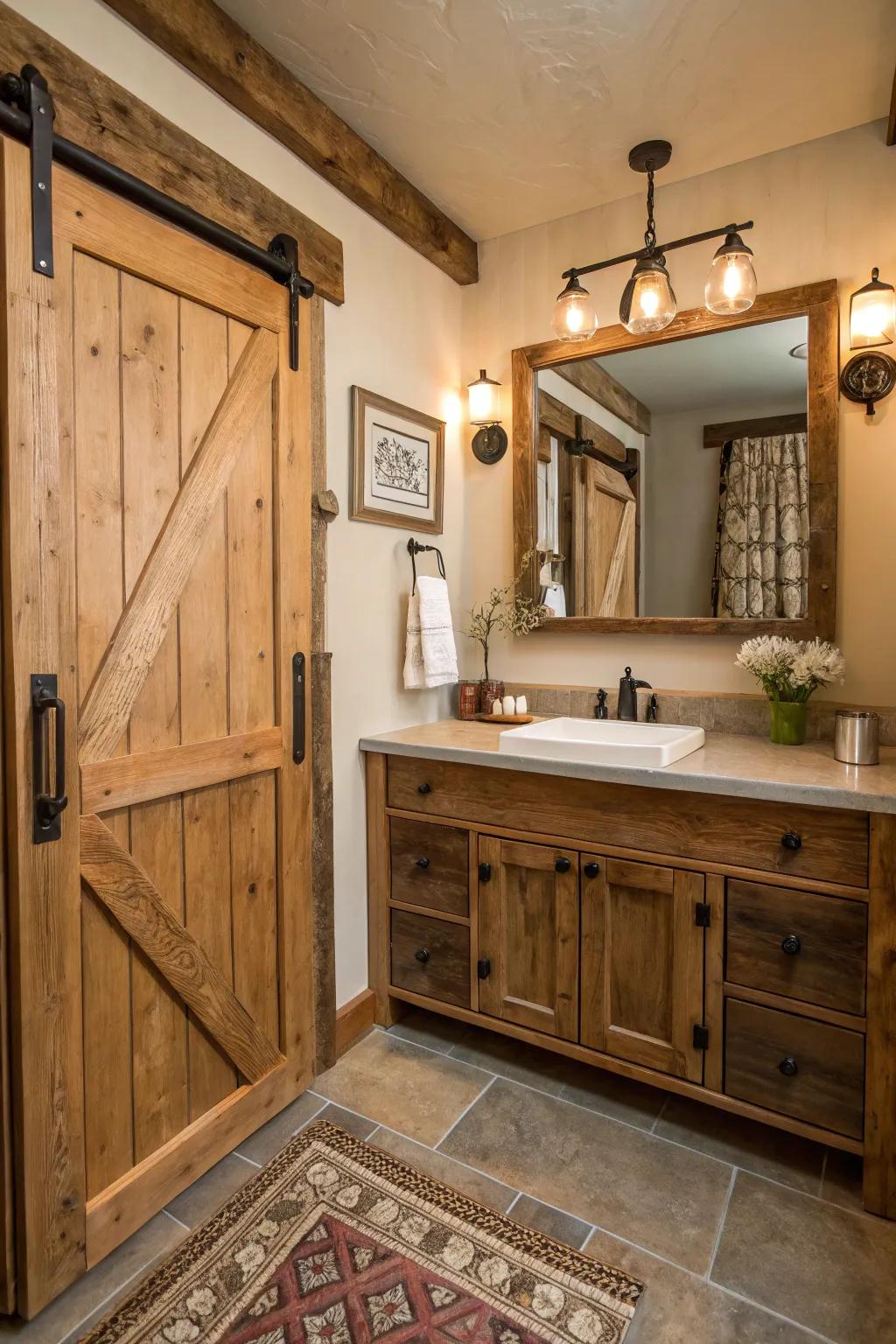 A country bathroom featuring barn gate cabinetry below the vanity.