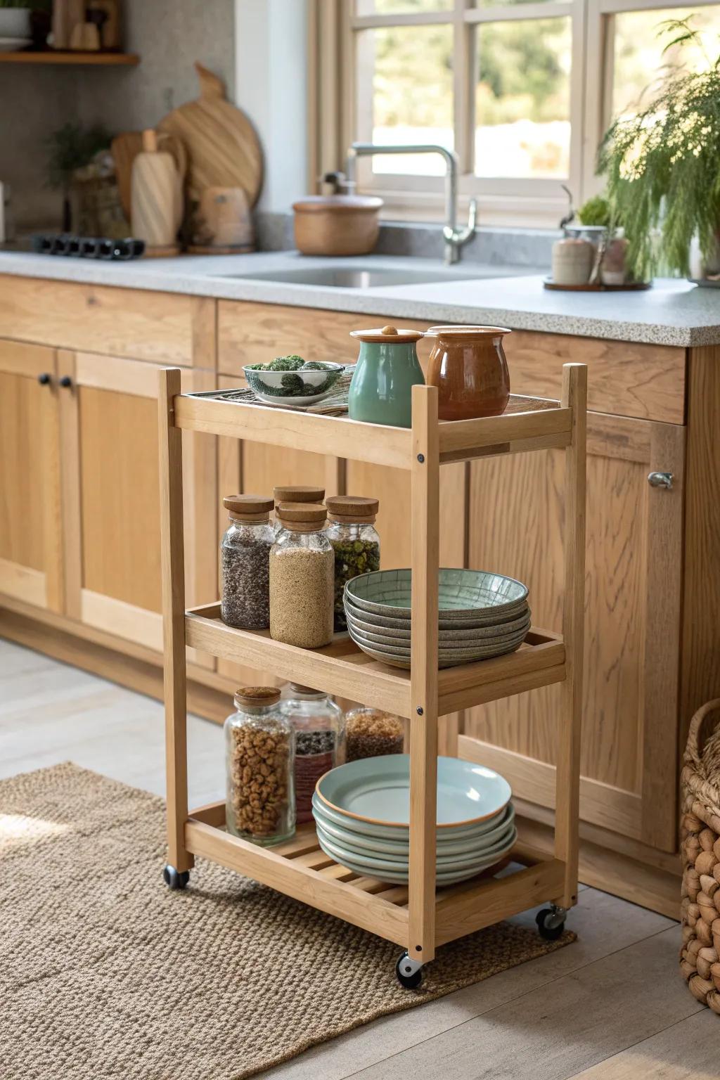 Enhance your RV kitchen with a versatile mobile cart—where style harmonizes with functionality.