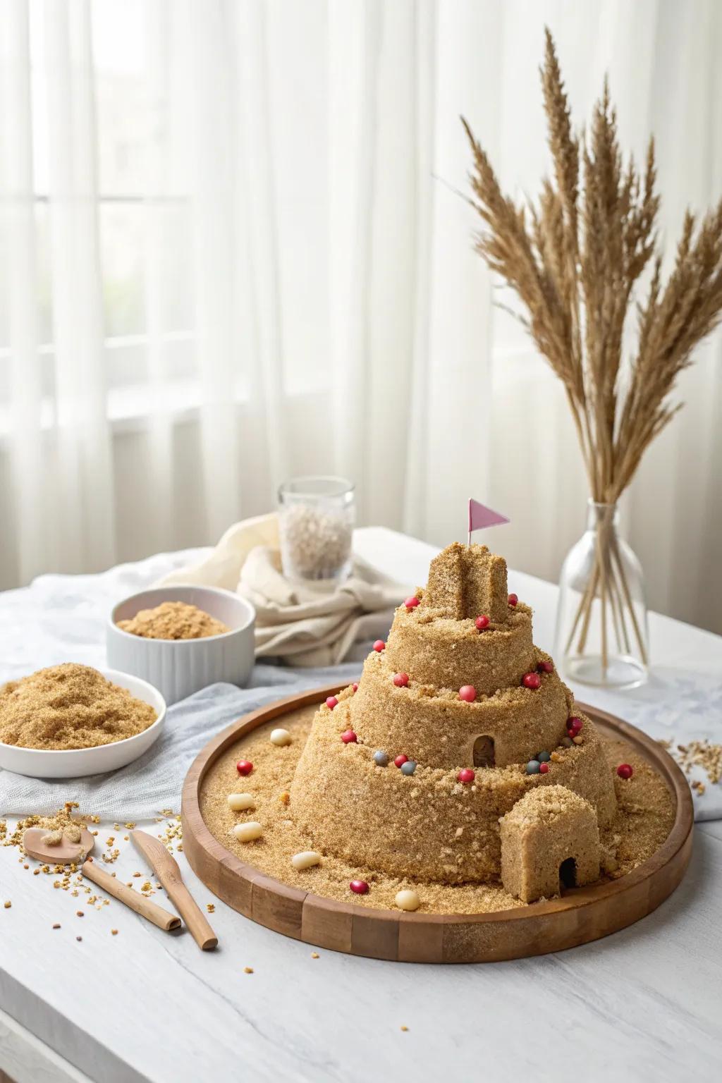 Indulge in a sweet escape via our Confectionery Crumble Sandcastle Cake – a delightful blend of texture and taste!