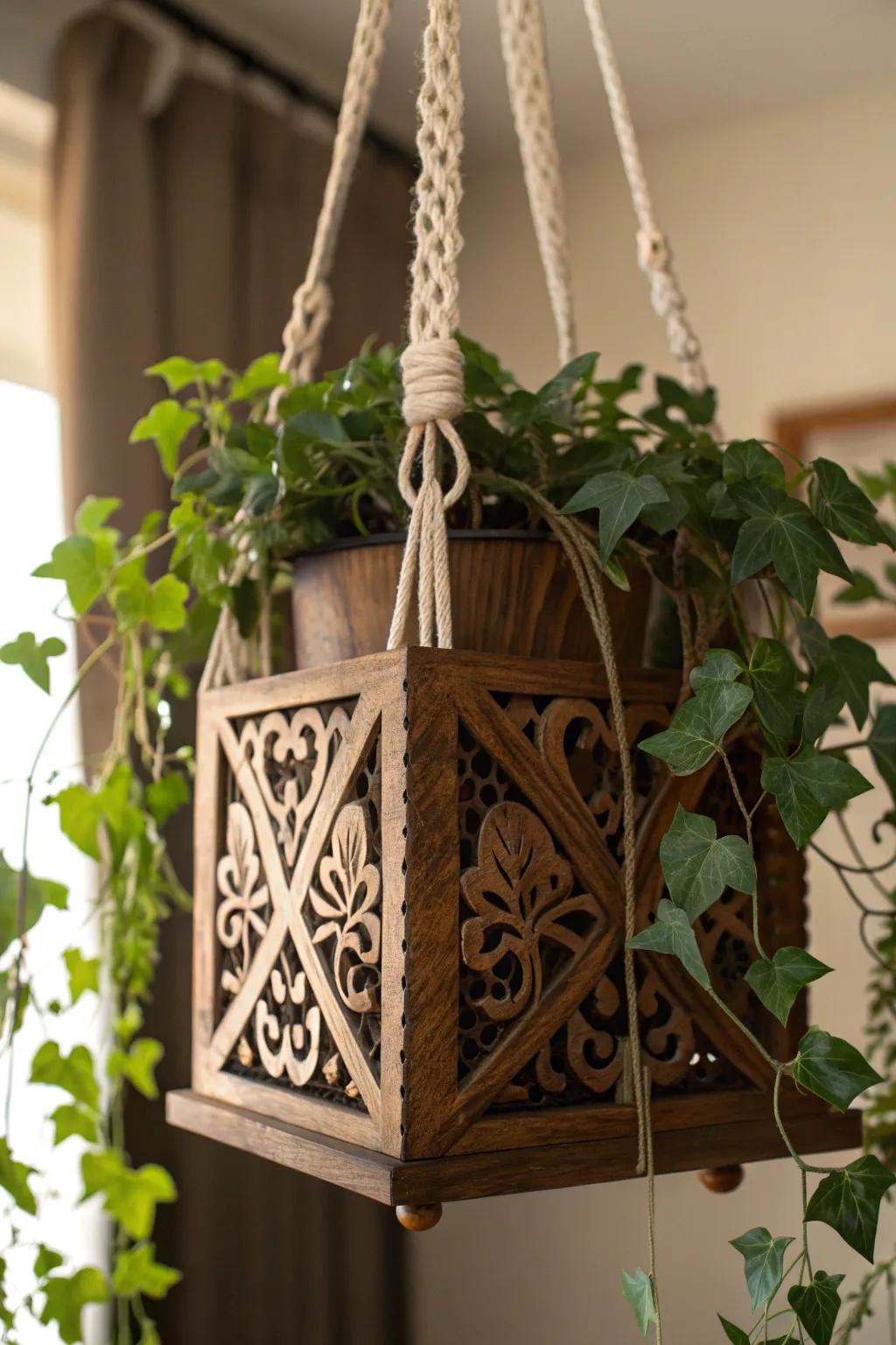 Elevate your area with handcrafted sophistication: a timber and twine masterpiece for your cherished plant.