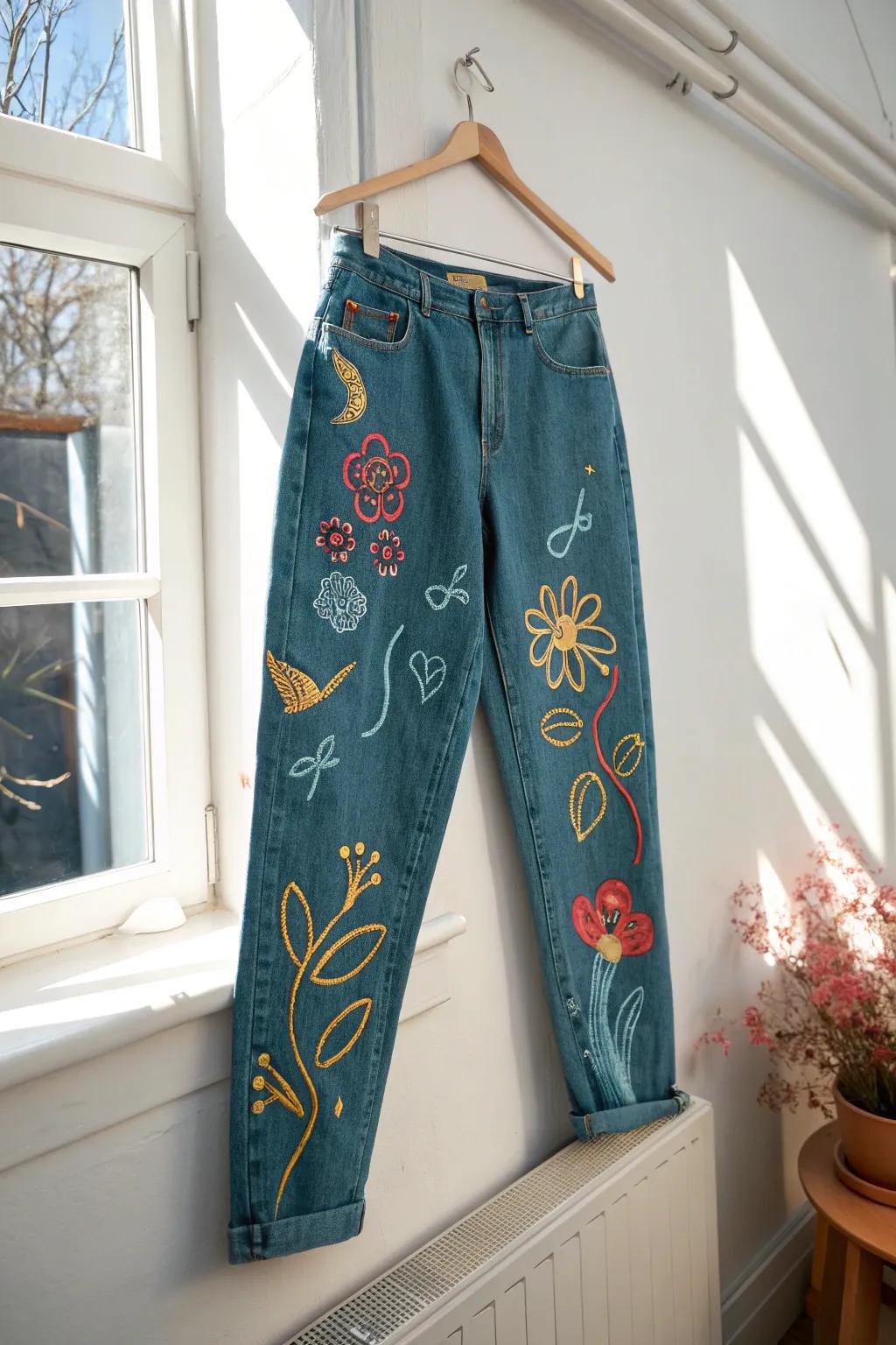 Add a dash of whimsy to your wardrobe with these artfully doodled jeans, where creativity meets simplicity!
