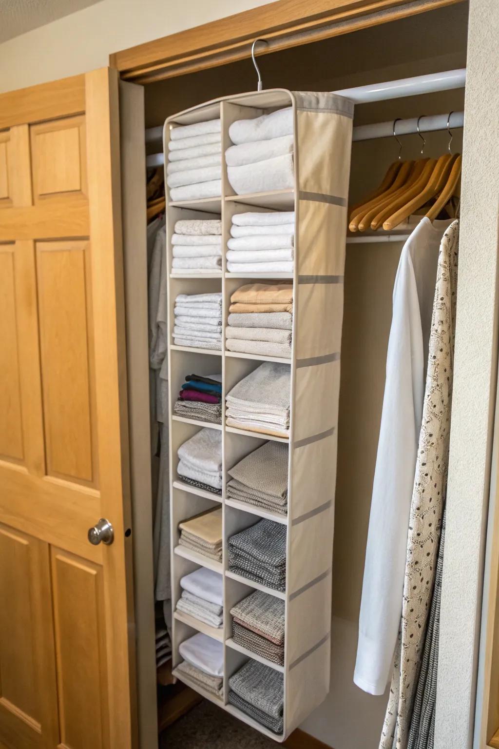 Vertical organizers provide an efficient and accessible linen storage solution.