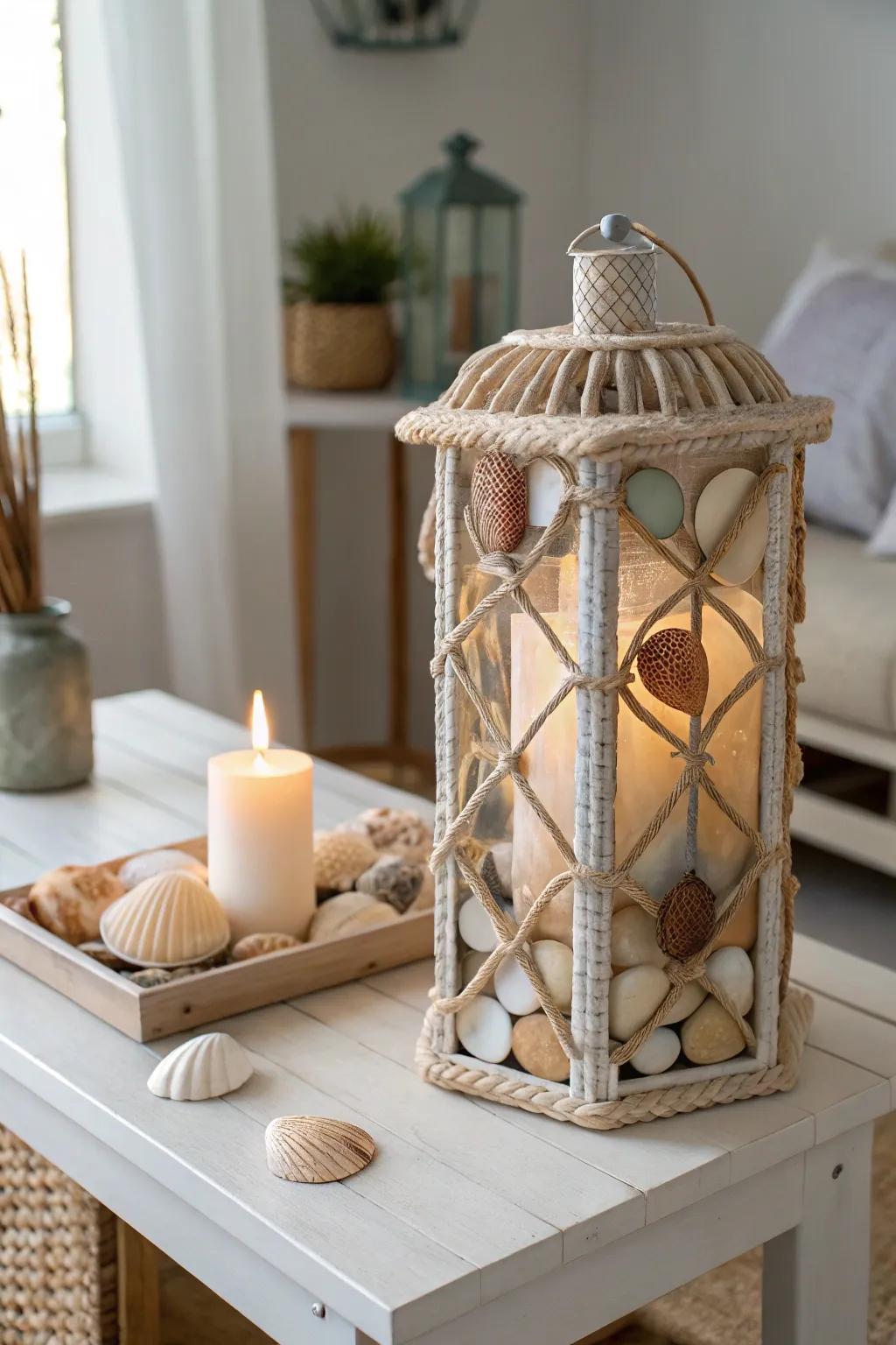 Illuminate your space using coastal charm: A shell-embedded lantern for serene evenings.