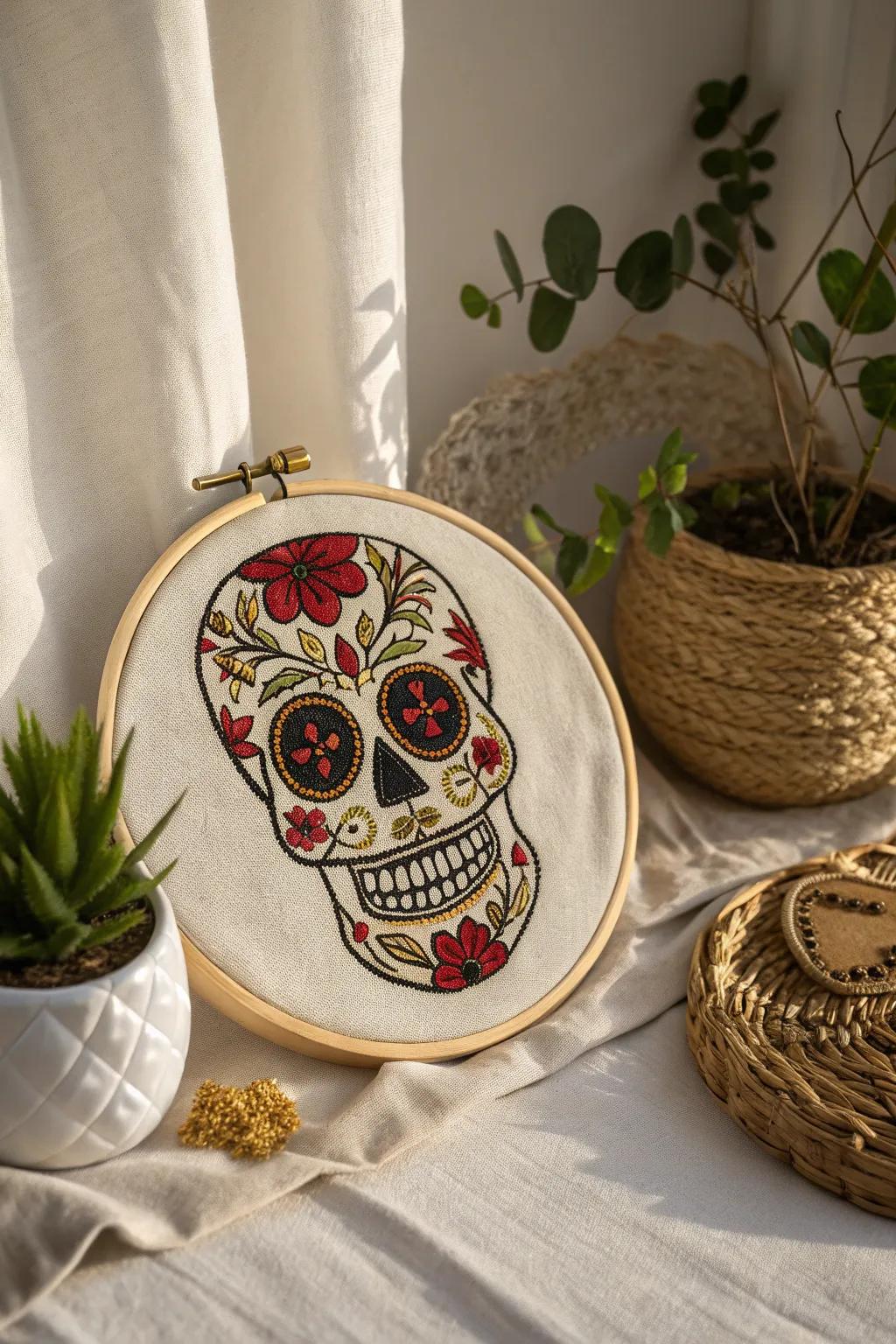 Elevate your Halloween decor with this stunning cranial stitchwork—where minimalism converges with bohemian elegance.