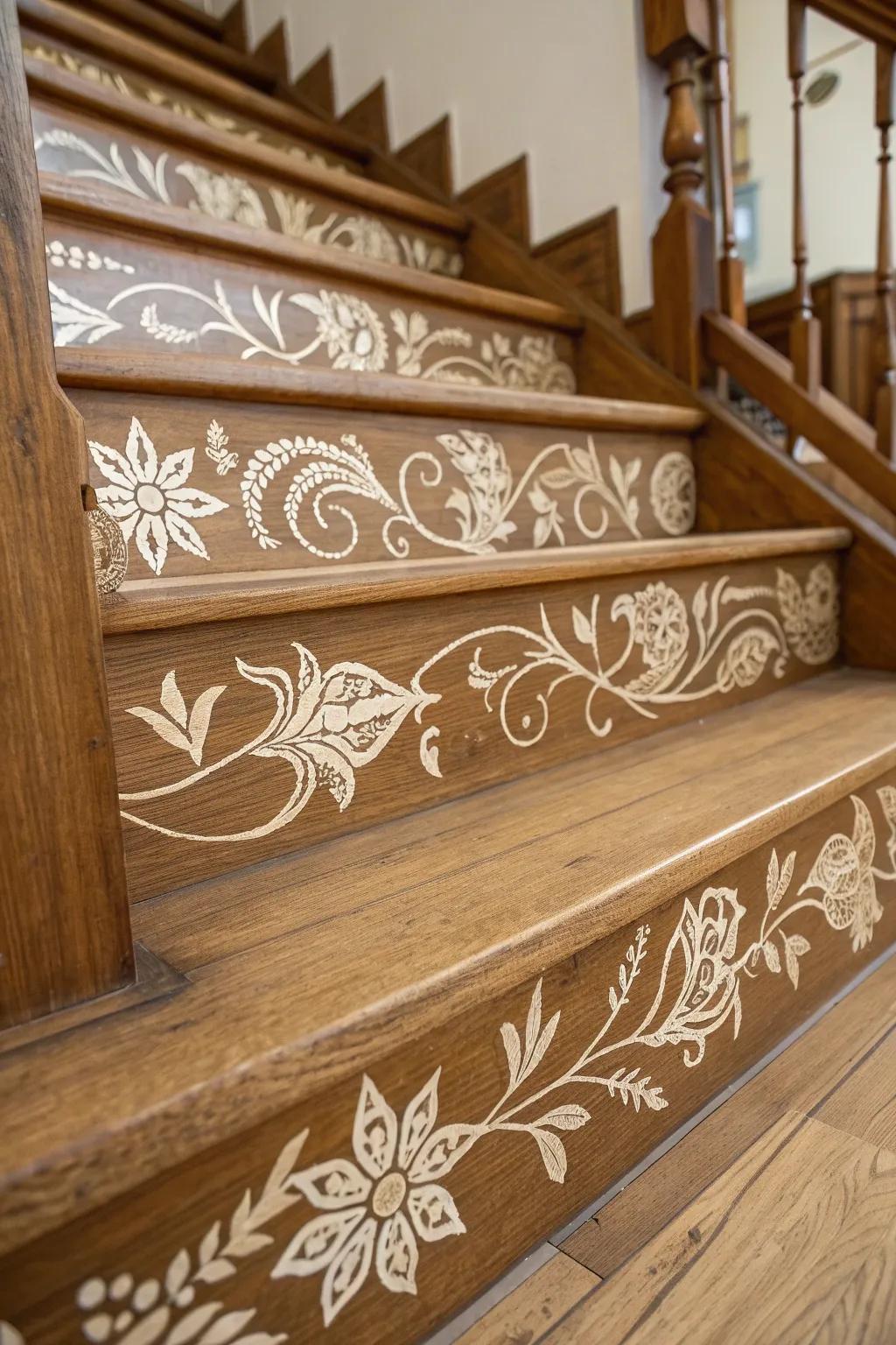 Elevate your staircase with the beauty of floral stencils—art meets craftsmanship.