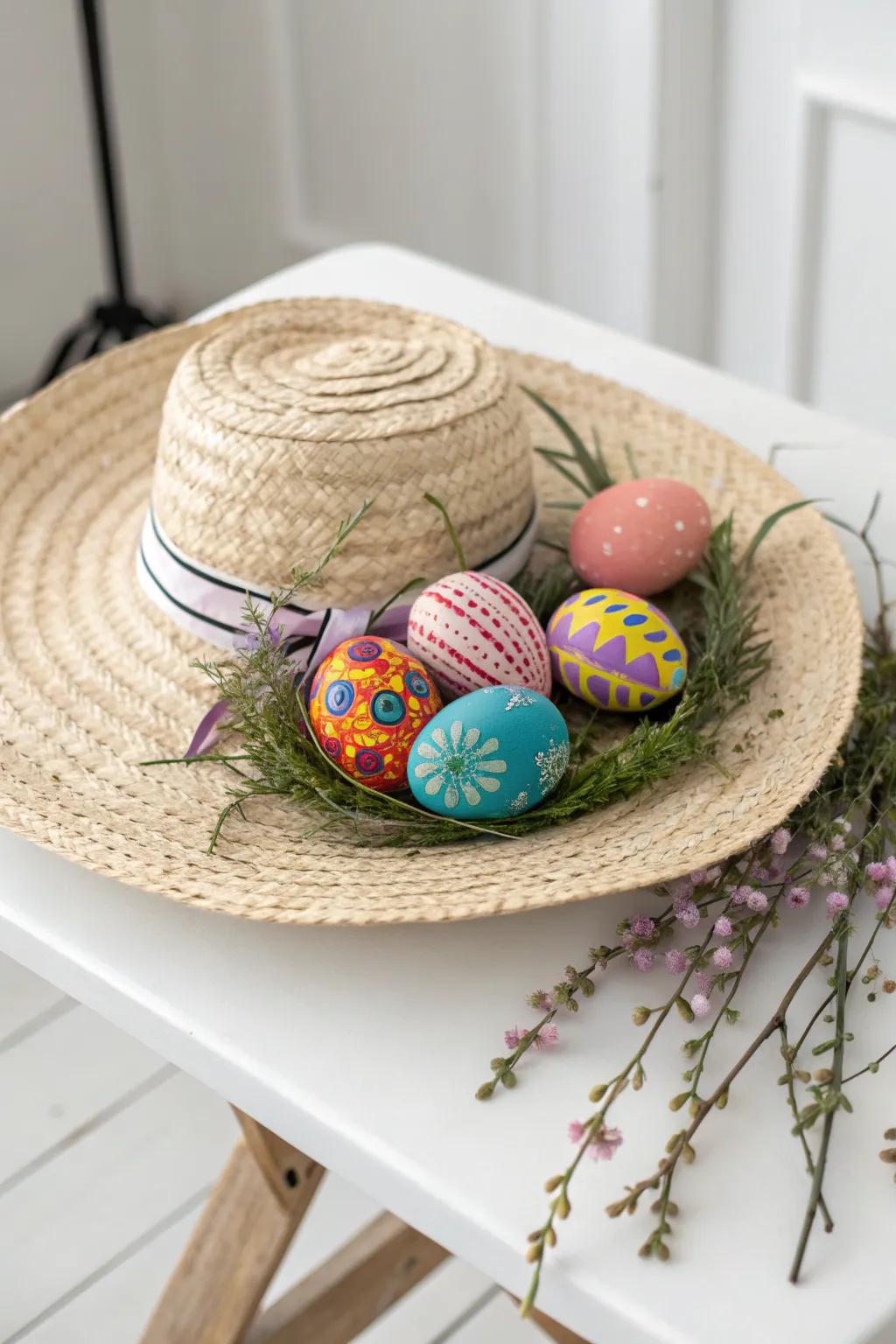 Celebrate spring with a vibrant Easter egg garland on a delightful straw bonnet!