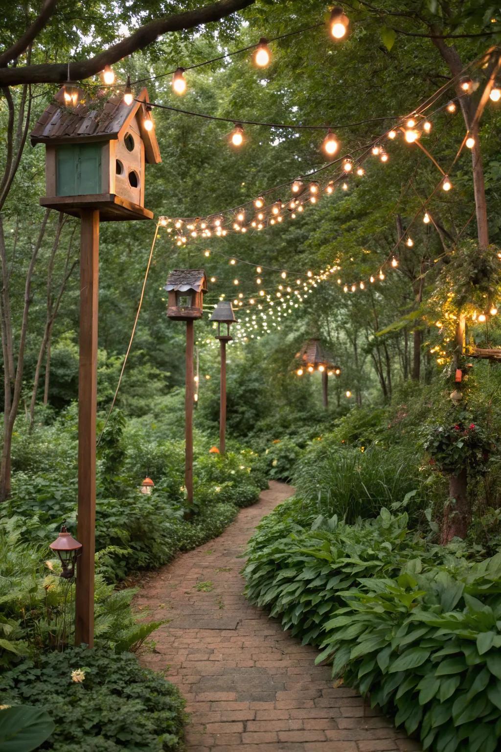 Birdhouses add a whimsical and functional touch to your string light supports.