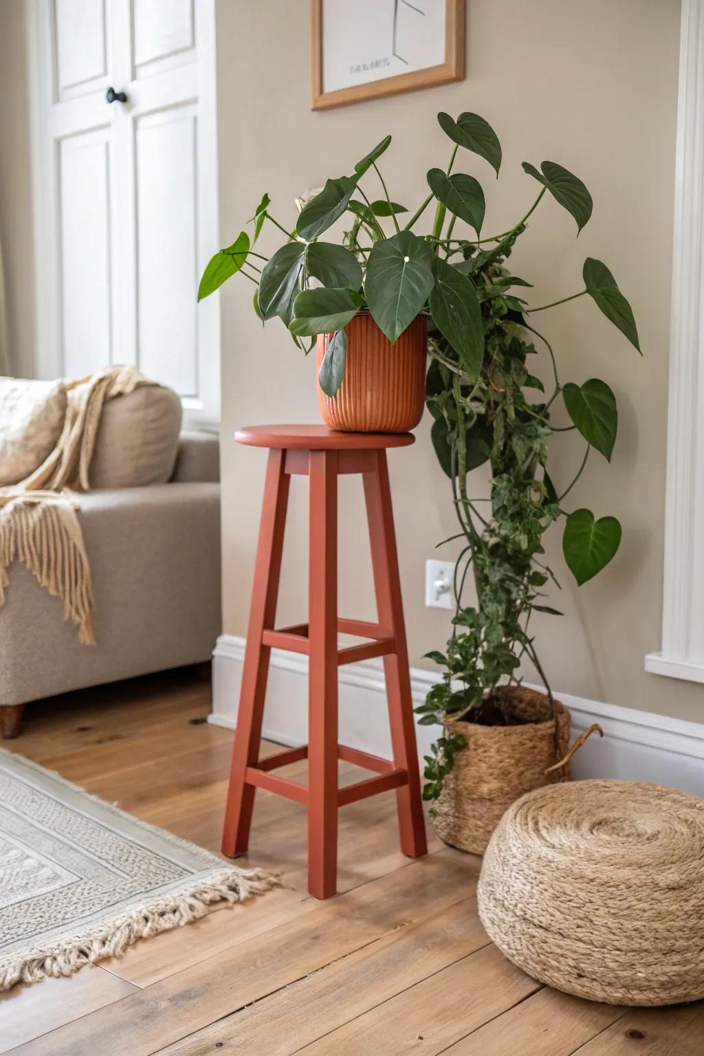 Transform an old bar stool into a chic stand and elevate your greenery in style! 🌿✨ #ThriftFlip #ScandiBoho #PlantLovers