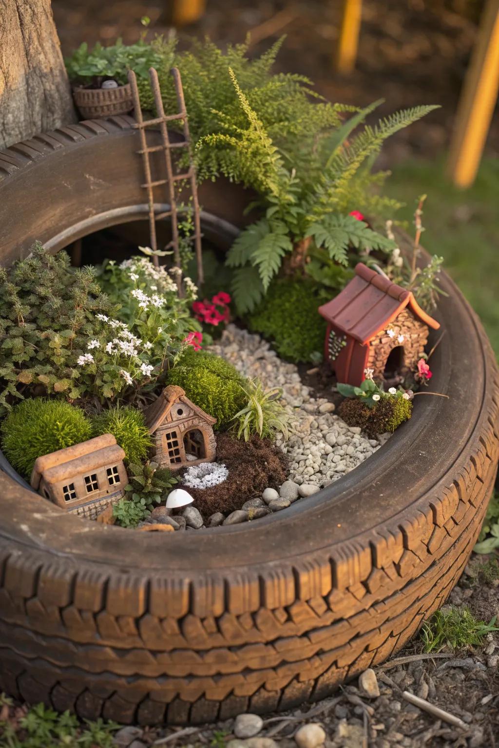 Step into a magical world with this enchanting fantasy garden tire planter, where imagination and handiwork come alive.