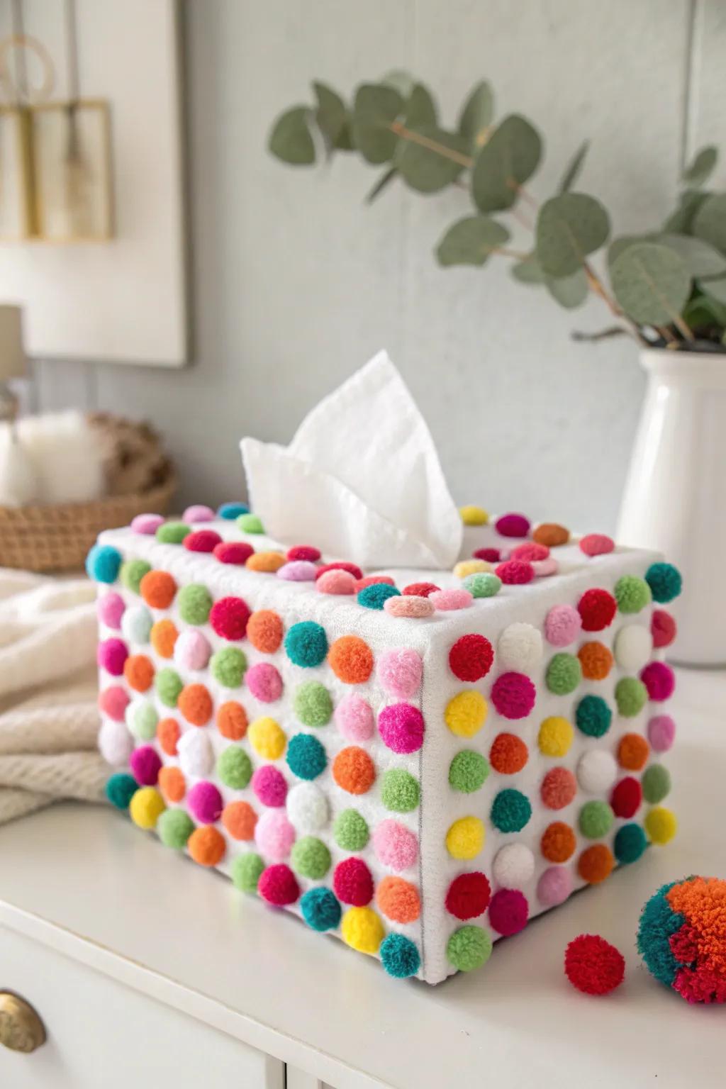 Incorporate a burst of hue and delight to your area using this playful pom-pom tissue box cover!
