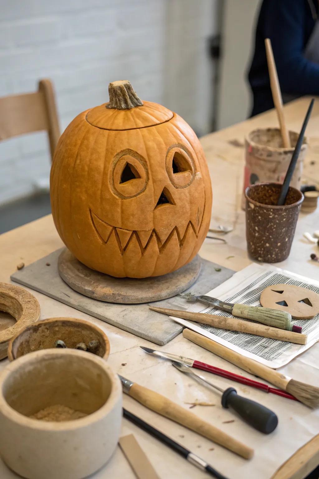 A pumpkin showcasing faces crafted from clay.
