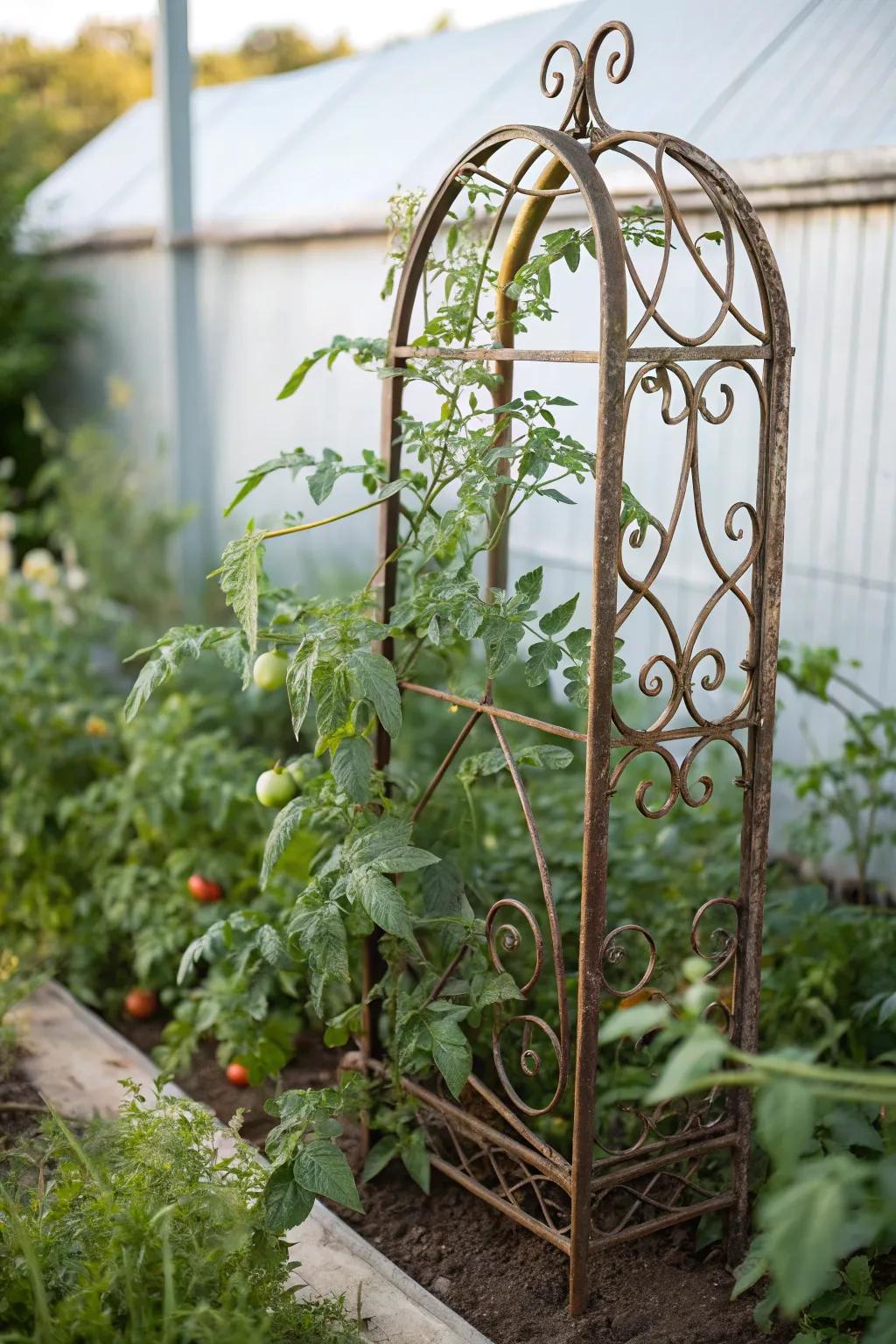 Transform your garden with rustic elegance using reclaimed metal partitioning as eco-friendly tomato supports.