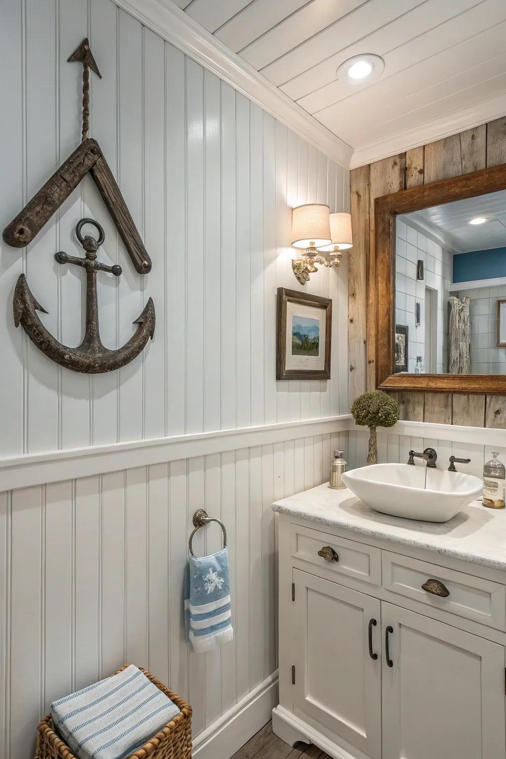 Embrace the sea with this expertly fashioned maritime bathroom conceptualization, where tongue and groove paneling converges with marine elegance.
