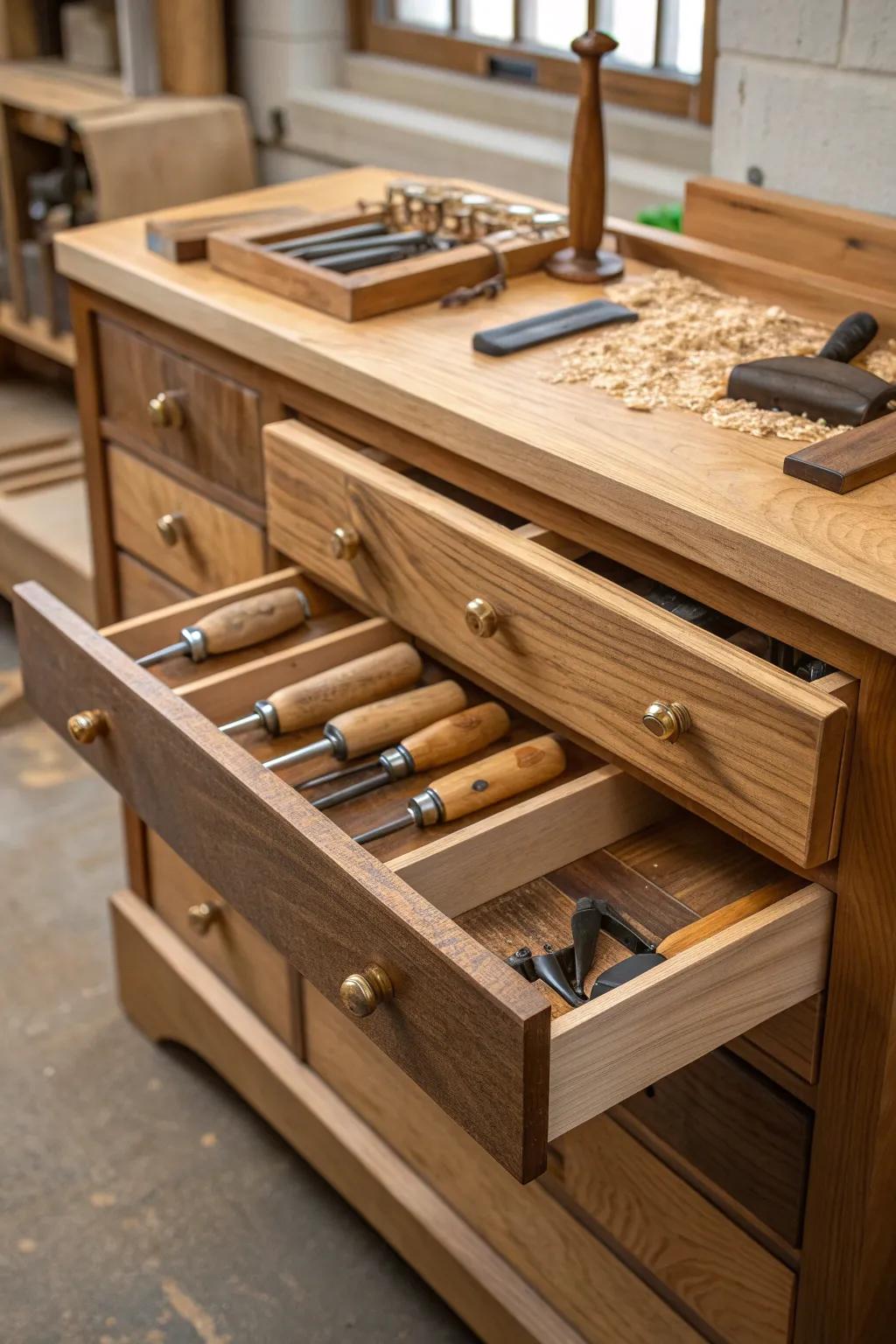 Elevate your workspace with a handcrafted tool storage seat that combines beauty with utility.
