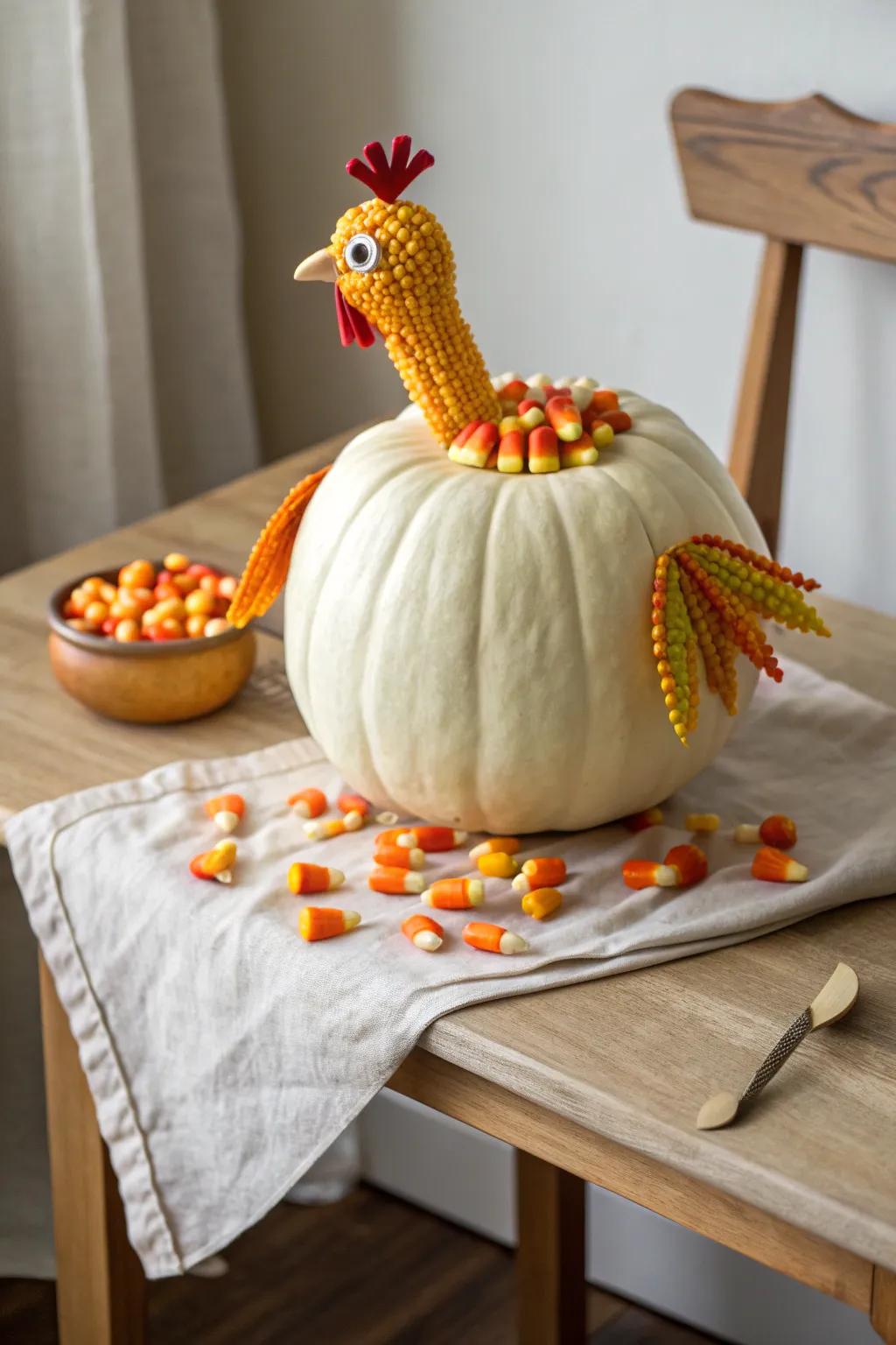 Elevate your autumnal ornamentation with this quirky and charming turkey pumpkin creation, ideally suited for introducing a hint of whimsy to your minimalist space.