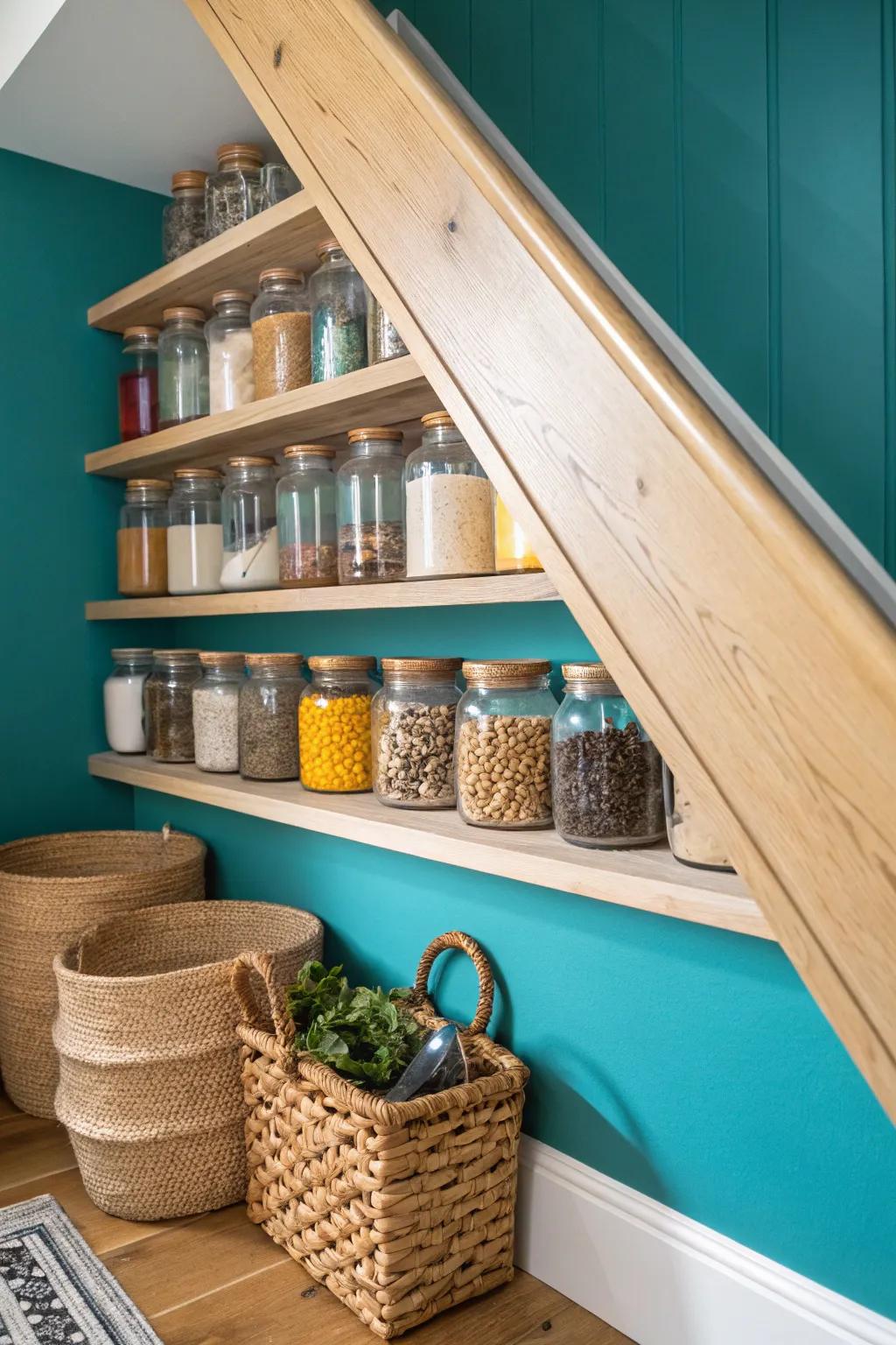 Bring energy to your pantry with a vivid turquoise background, making organization a delight!