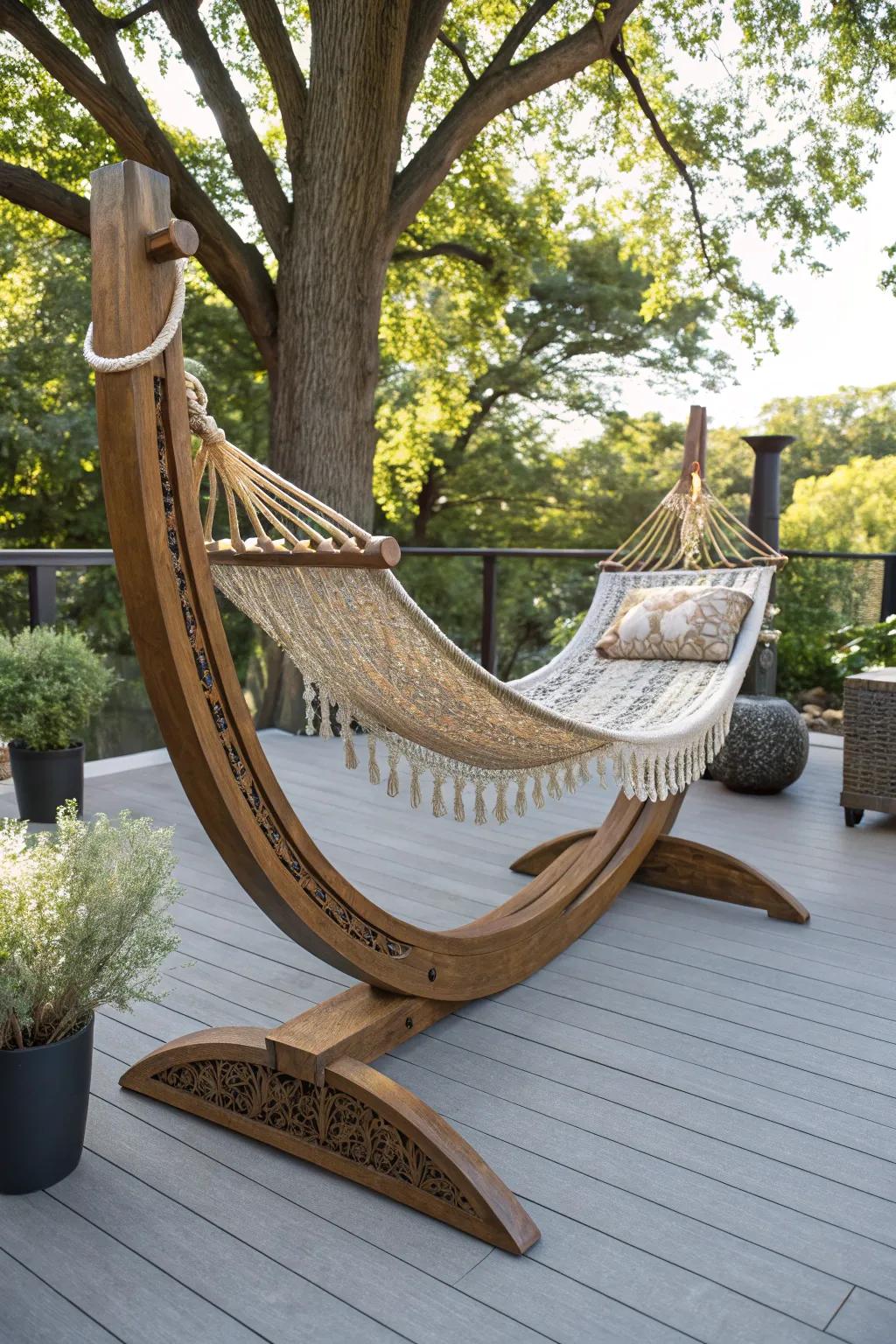 Unwind in style with a handcrafted hammock on a modern vinyl floor—a perfect blend of craftsmanship and comfort.