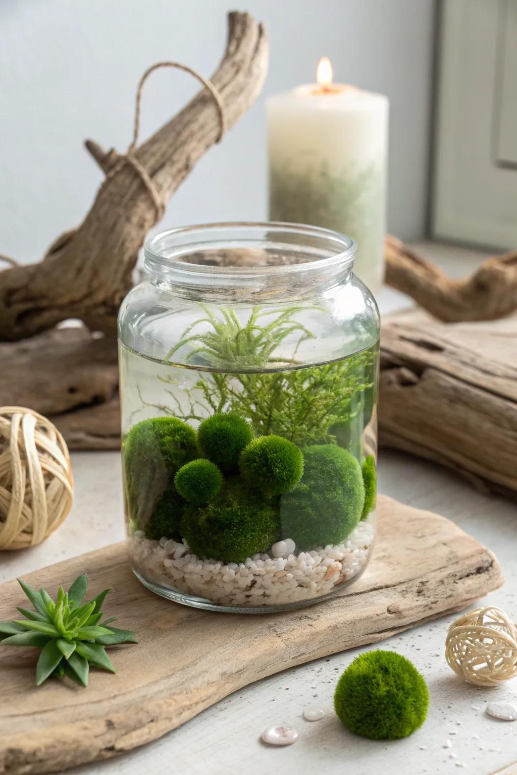 Transform old candle jars into enchanting mini aquariums for a touch of natural beauty.