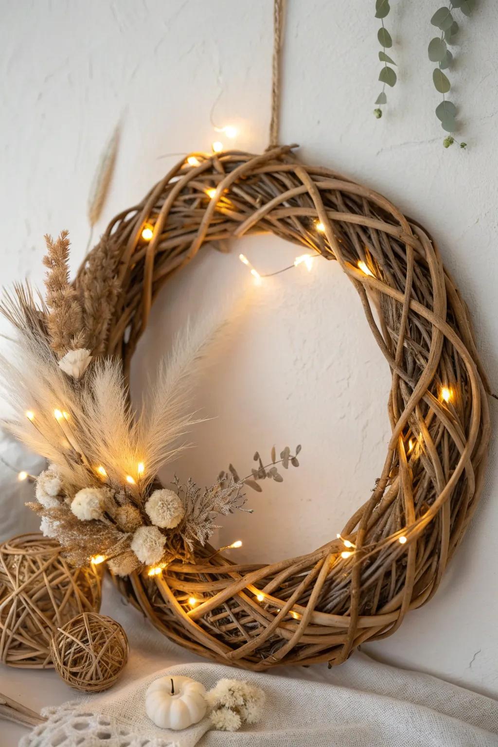 Illuminate your space with enchanting elegance: a pixie-lit wicker wreath that shines with Scandinavian simplicity and boho charm.