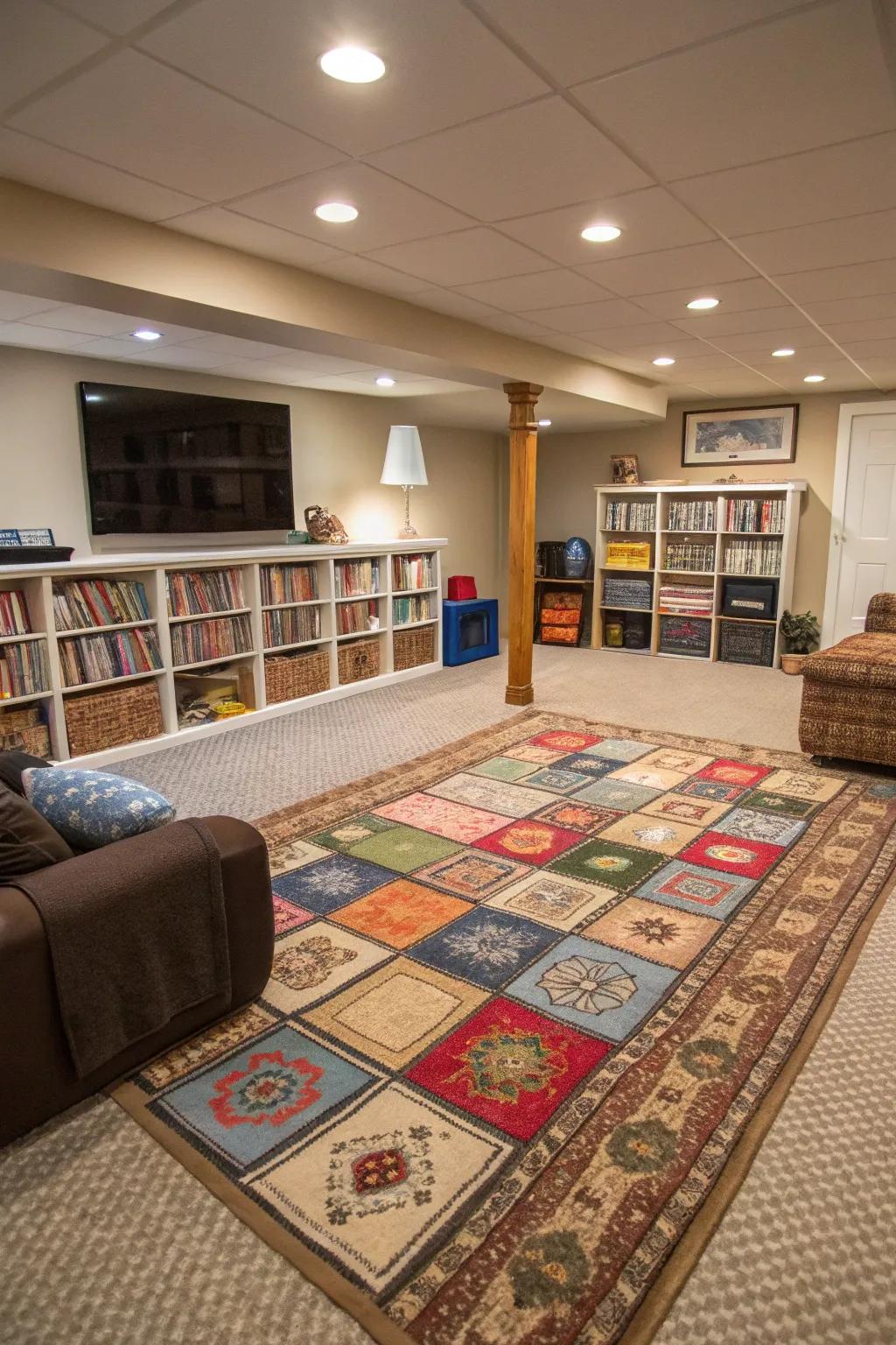 Rugs can assist in delineating diverse zones within a basement for varied activities.