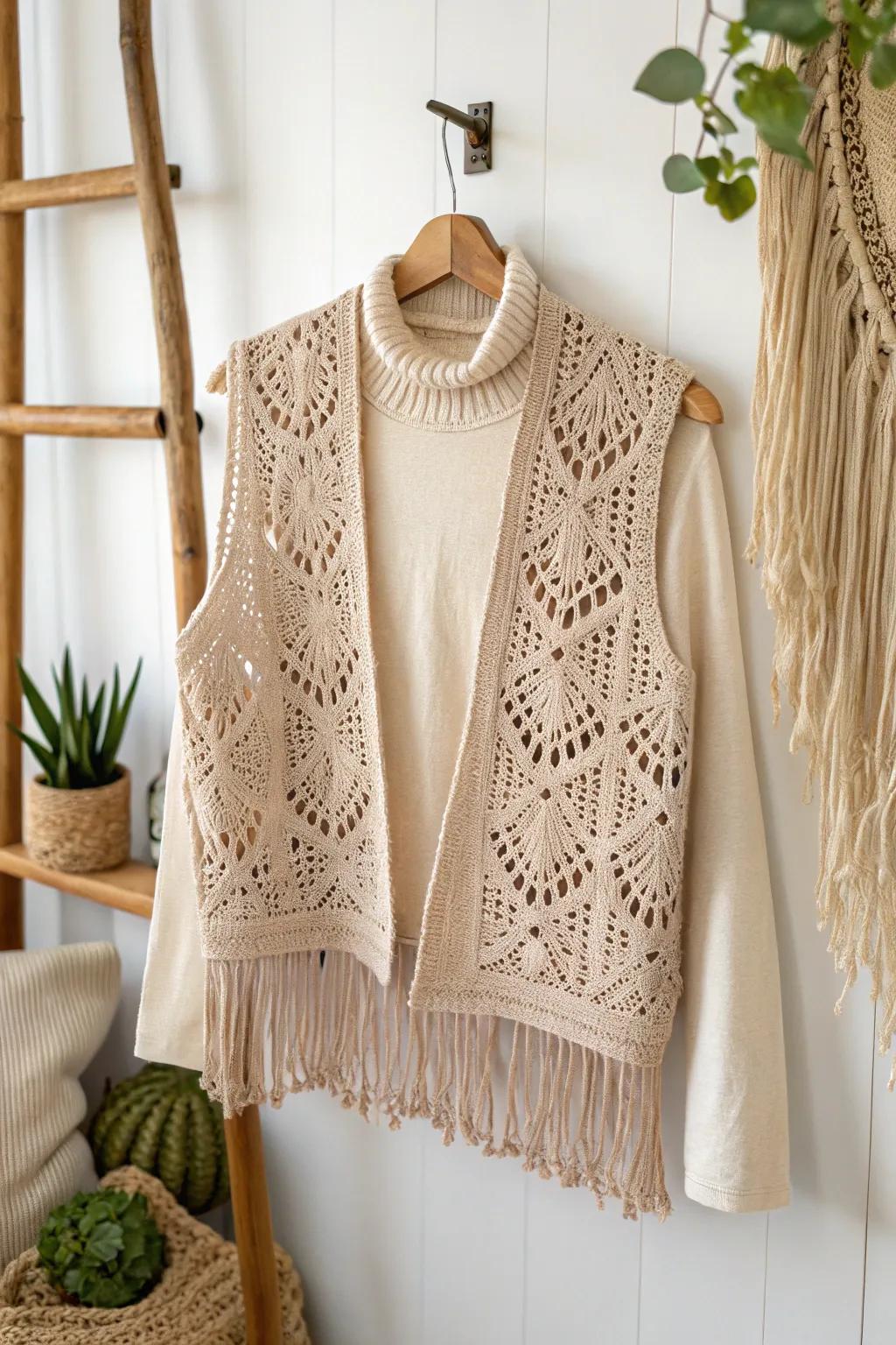 Elevate your winter aesthetic with an elegant crochet waistcoat, impeccable for layering with cozy turtlenecks.