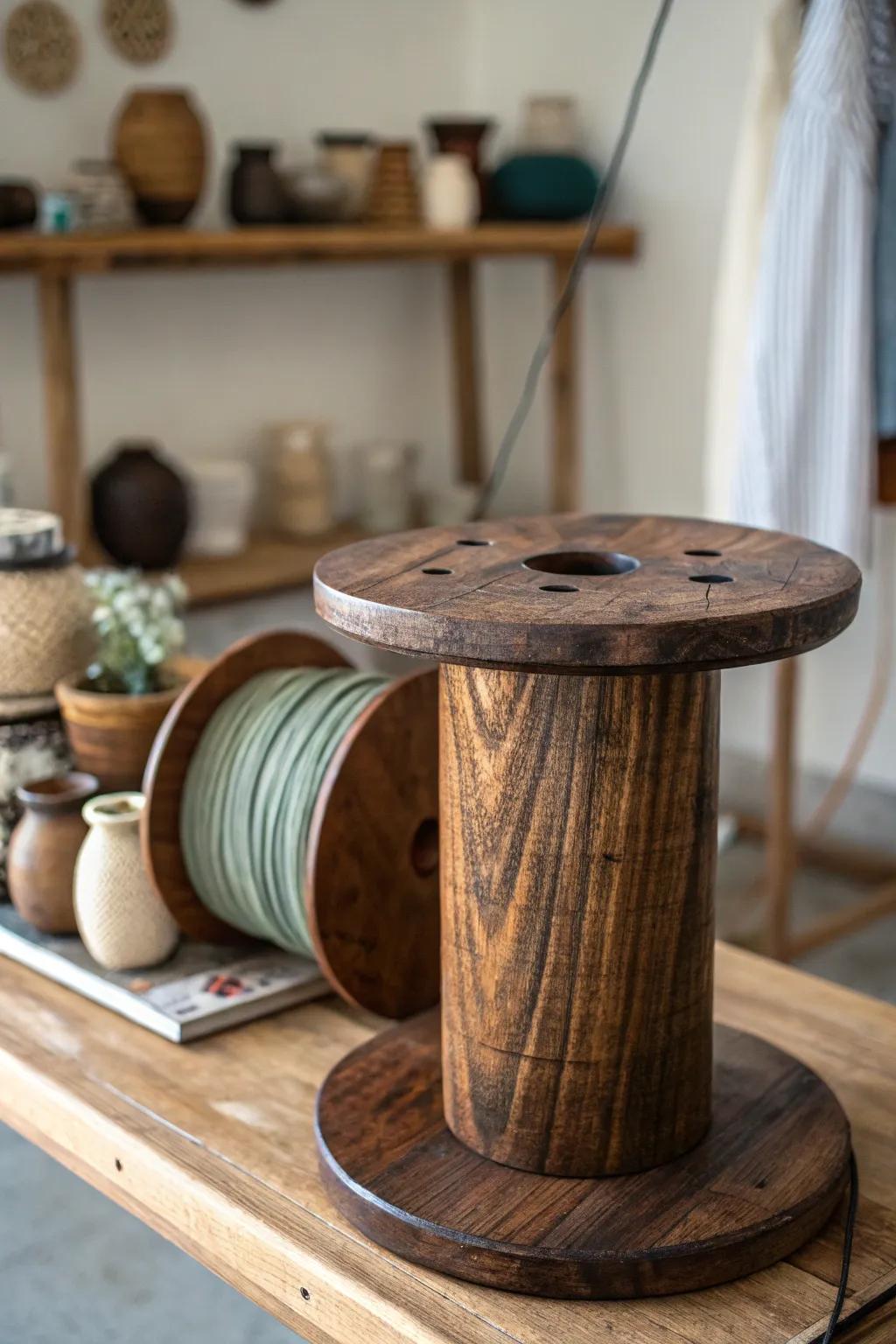 Elevate your art with a rustic wire spool display stand - where craftsmanship meets creativity.