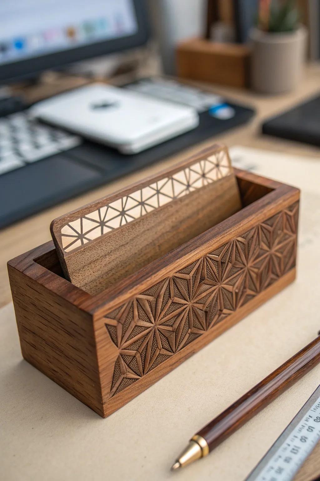 Elevate your networking prowess with an exquisitely etched timber business card receptacle.