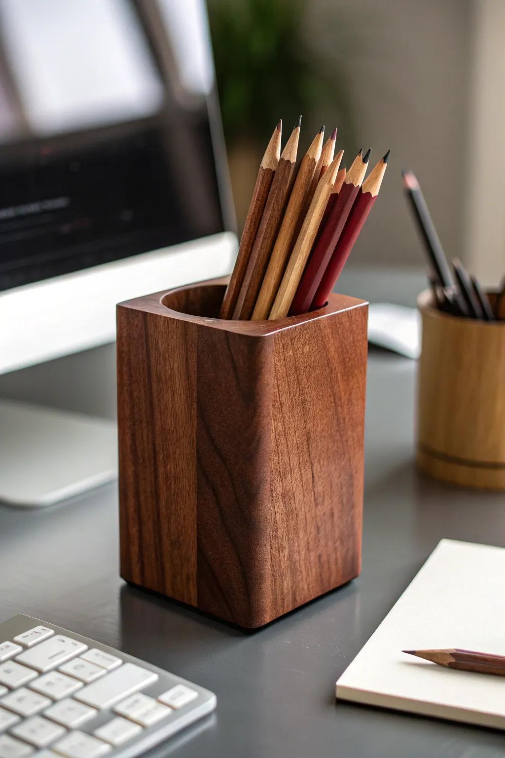 Refine your workspace using this hand-carved cherry timber marker carrier—where task meets artistry.