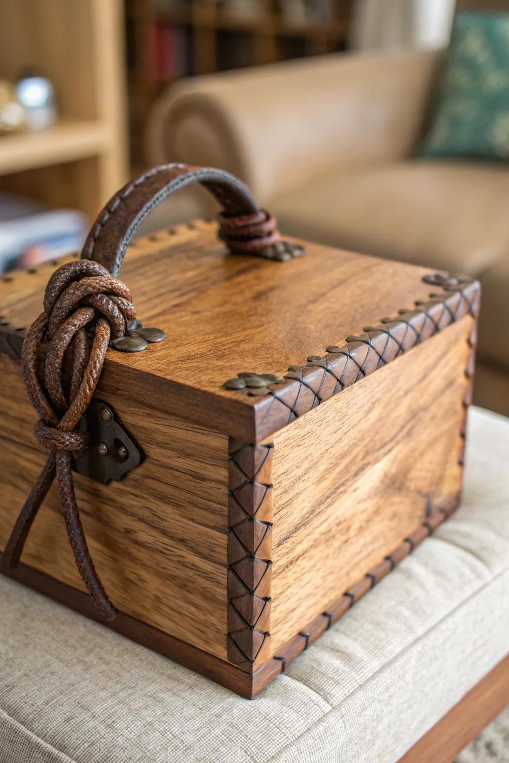 Elevate your wooden box with the ageless charm of knotted hide grips.