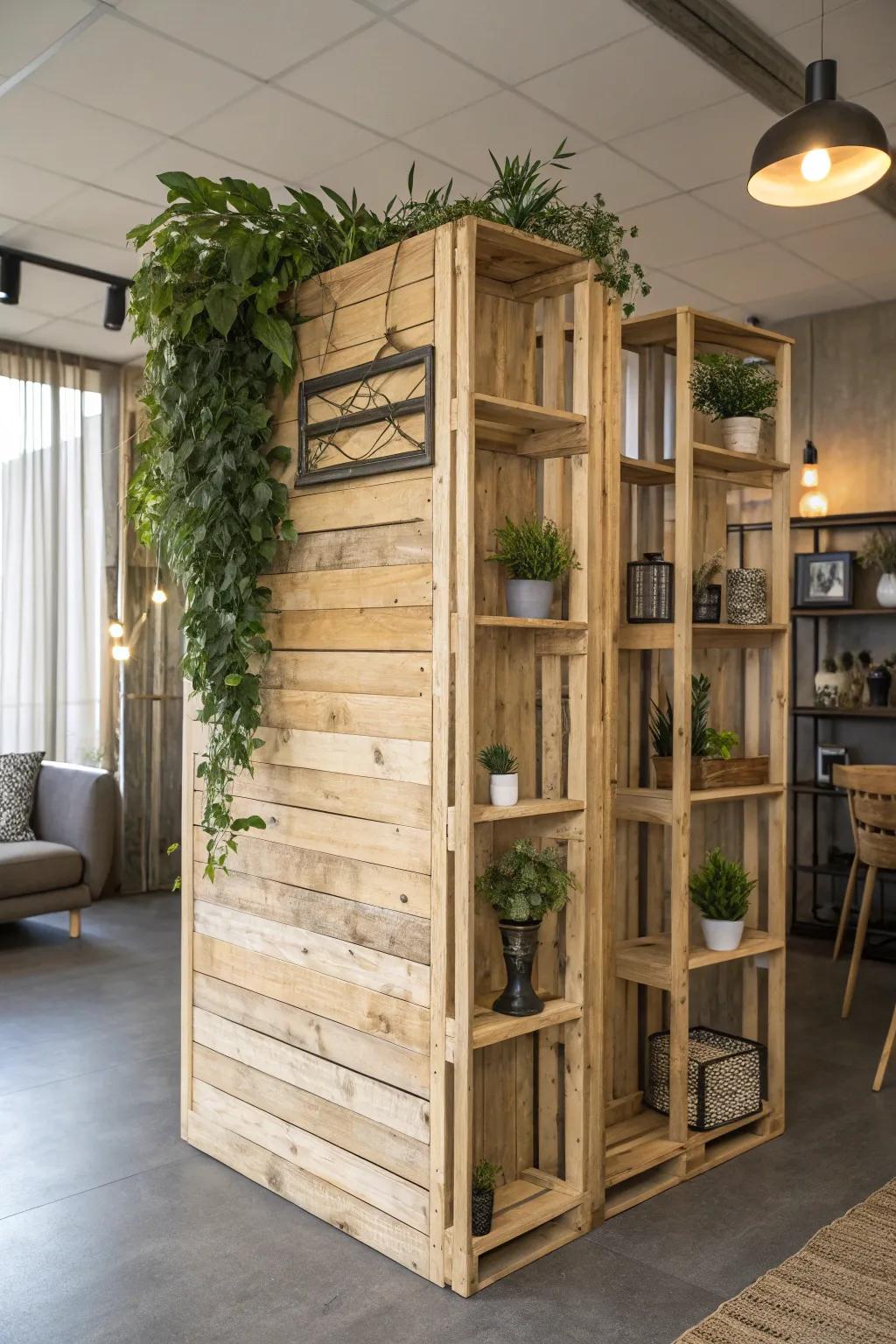 Elevate your space with a rustic pallet room divider, where style meets functionality.