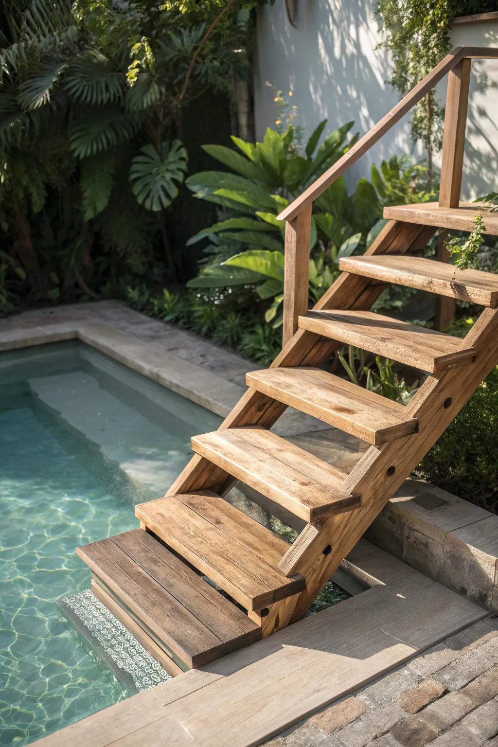 Elevate your poolside with eco-conscious, bespoke timber steps that blend flair and sustainability.