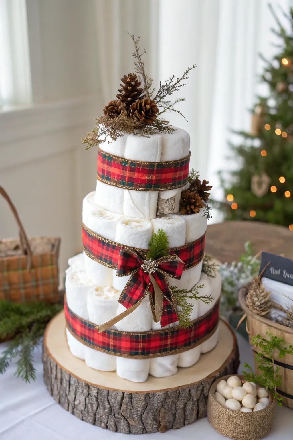 Infuse a hint of woodland charm through this checkered-patterned nappy cake, ideally suited for a comforting, cabin-inspired celebration!