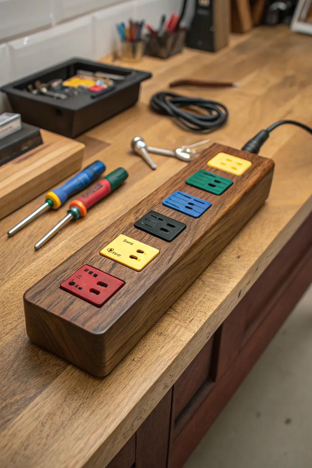 Improve your workshop efficiency with a handcrafted color-marked power strip—where style meets practicality.