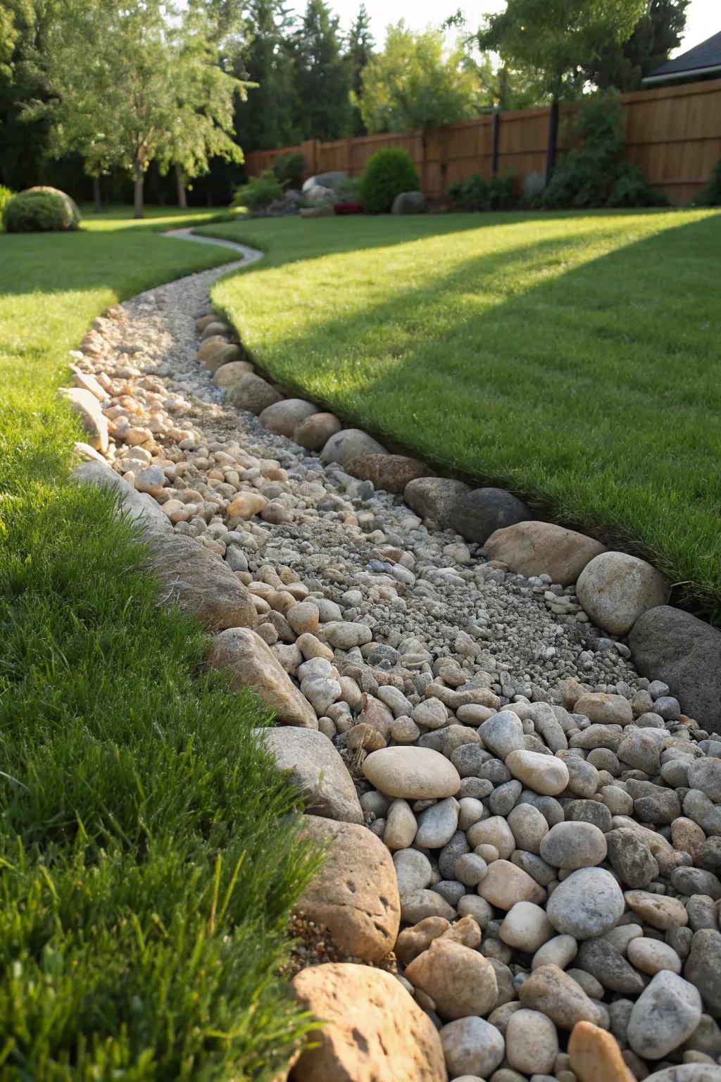 Perfect the skill of garden water drainage with a stylish rock fragment trench.