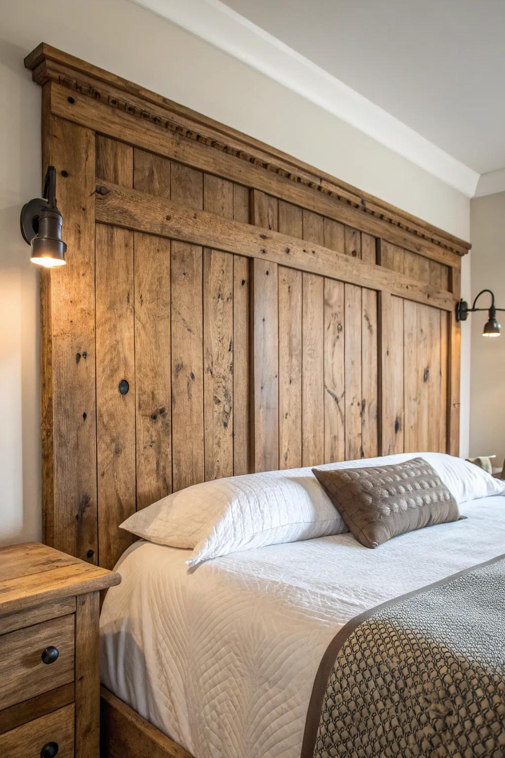 Transform your bedroom with a handcrafted rustic wooden headboard that exudes warmth and character.