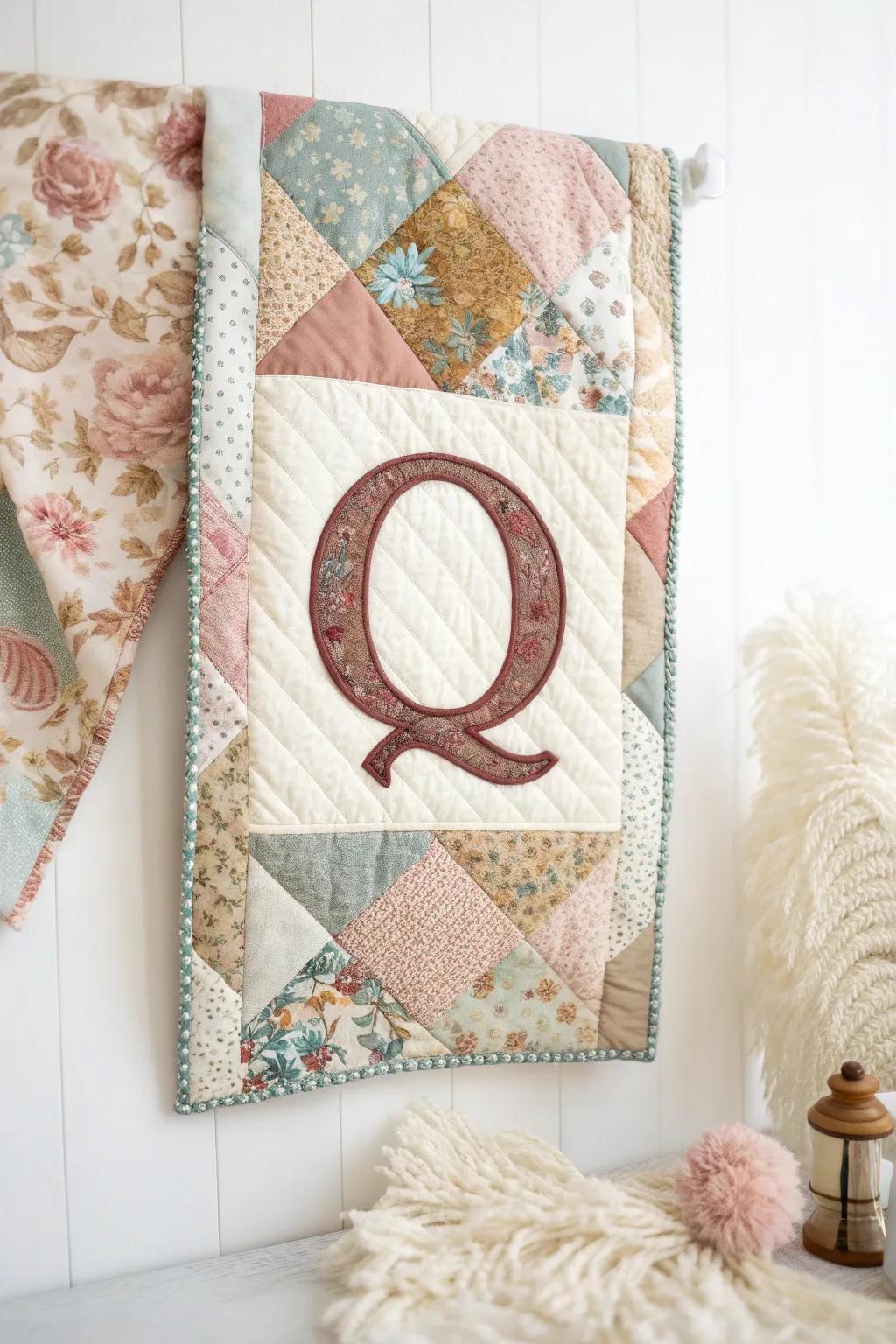 Embrace ingenuity via a quilted 'Q': A captivating fusion of surplus textile and minimalistic elegance.