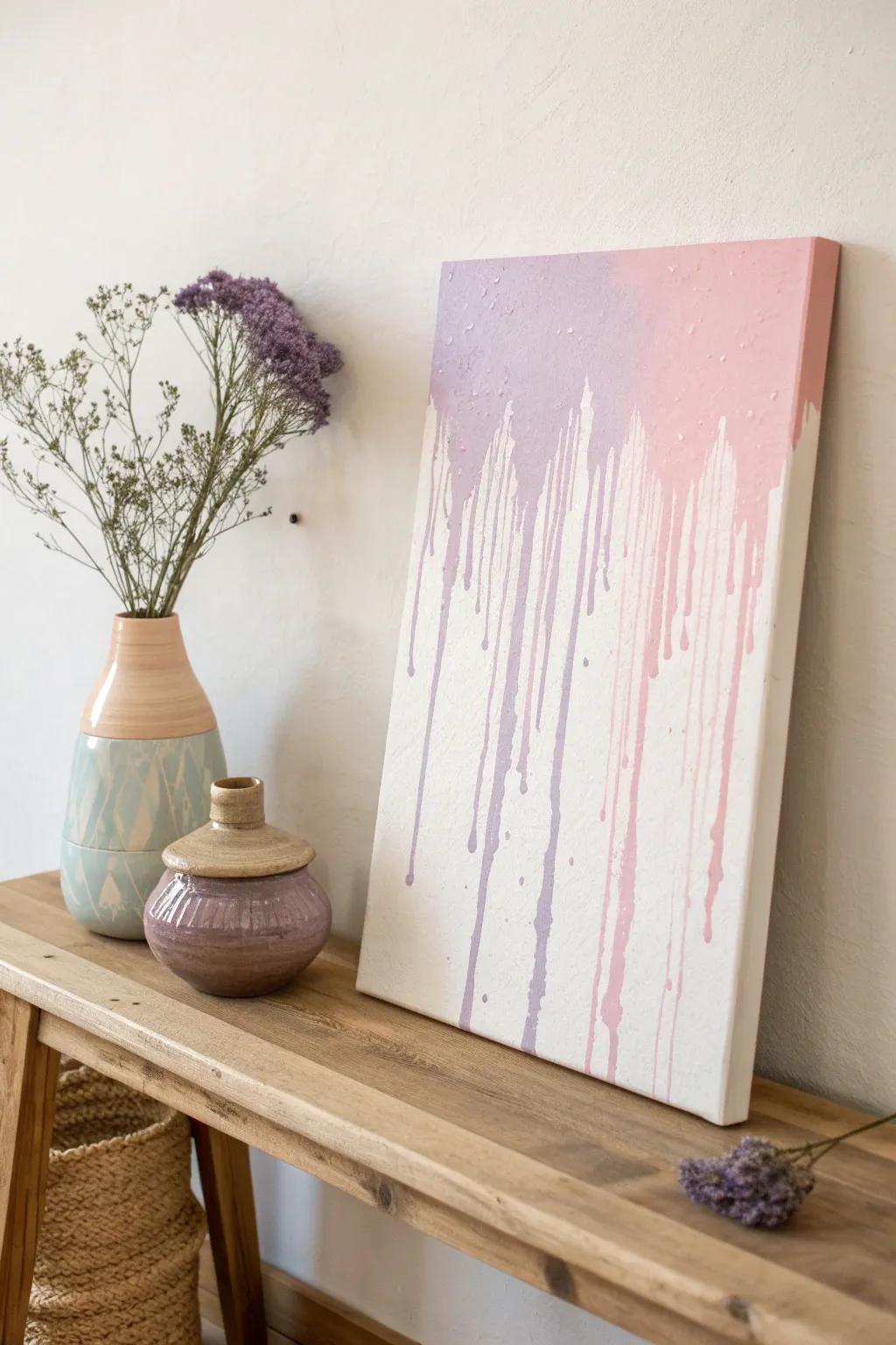 Embrace the allure of gravity with graceful seepage effects in gentle pastels. #ScandiBoho #AcrylicArt