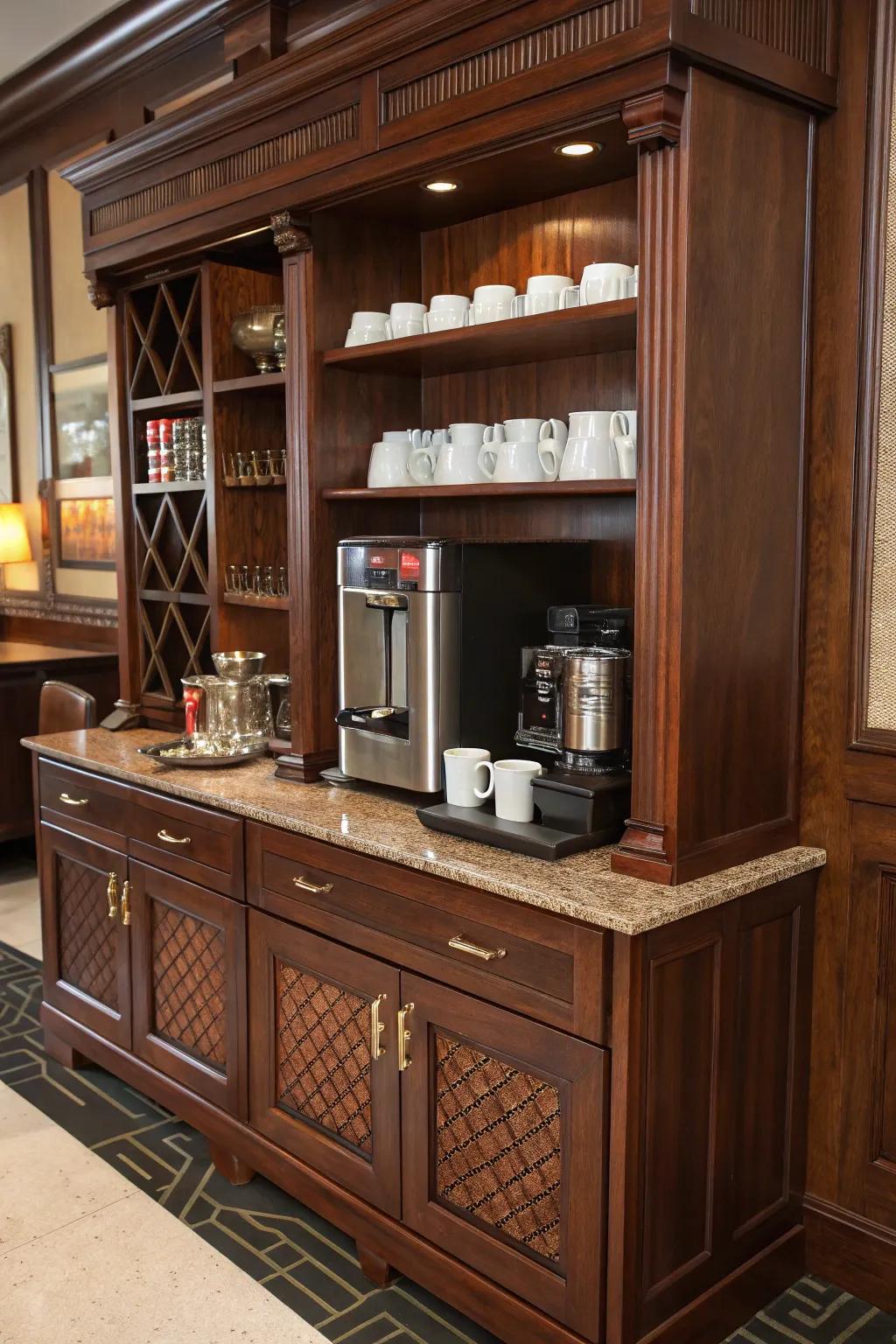 Elevate your coffee procurement ritual through the incorporation of this meticulously crafted timber coffee hub.