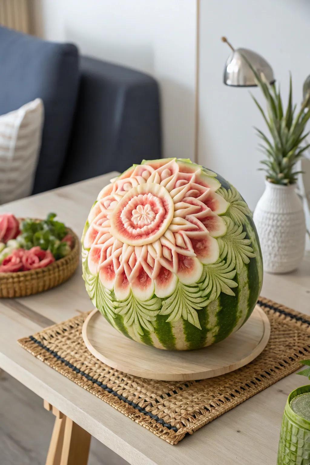 Festive Feathers: Elevate your occasion with the artistry of tropical fruit sculpting, blending boho charm and minimalist elegance.