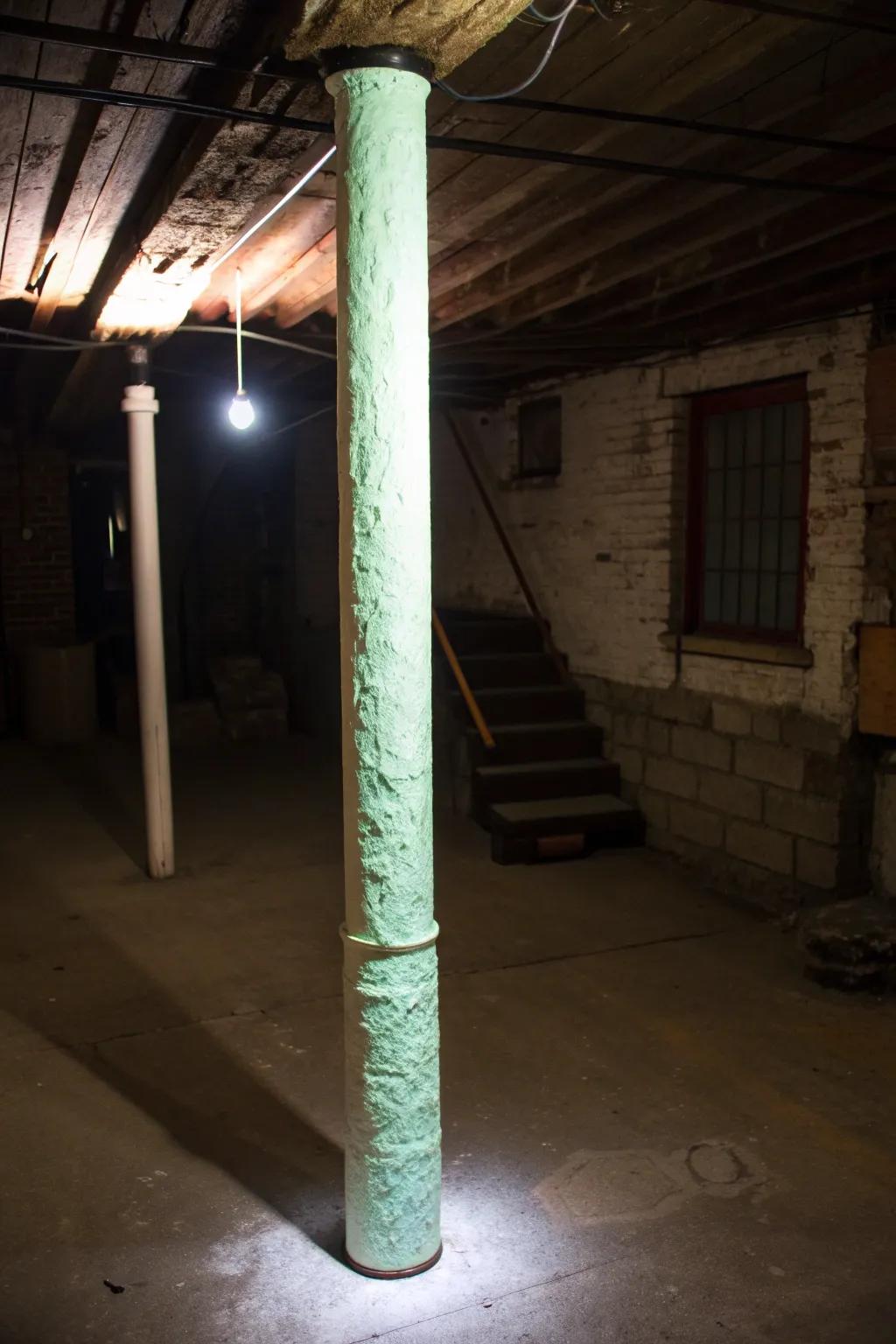 Illuminate your space with a touch of whimsy: Glow-in-the-dark column covering for a magical basement transformation.