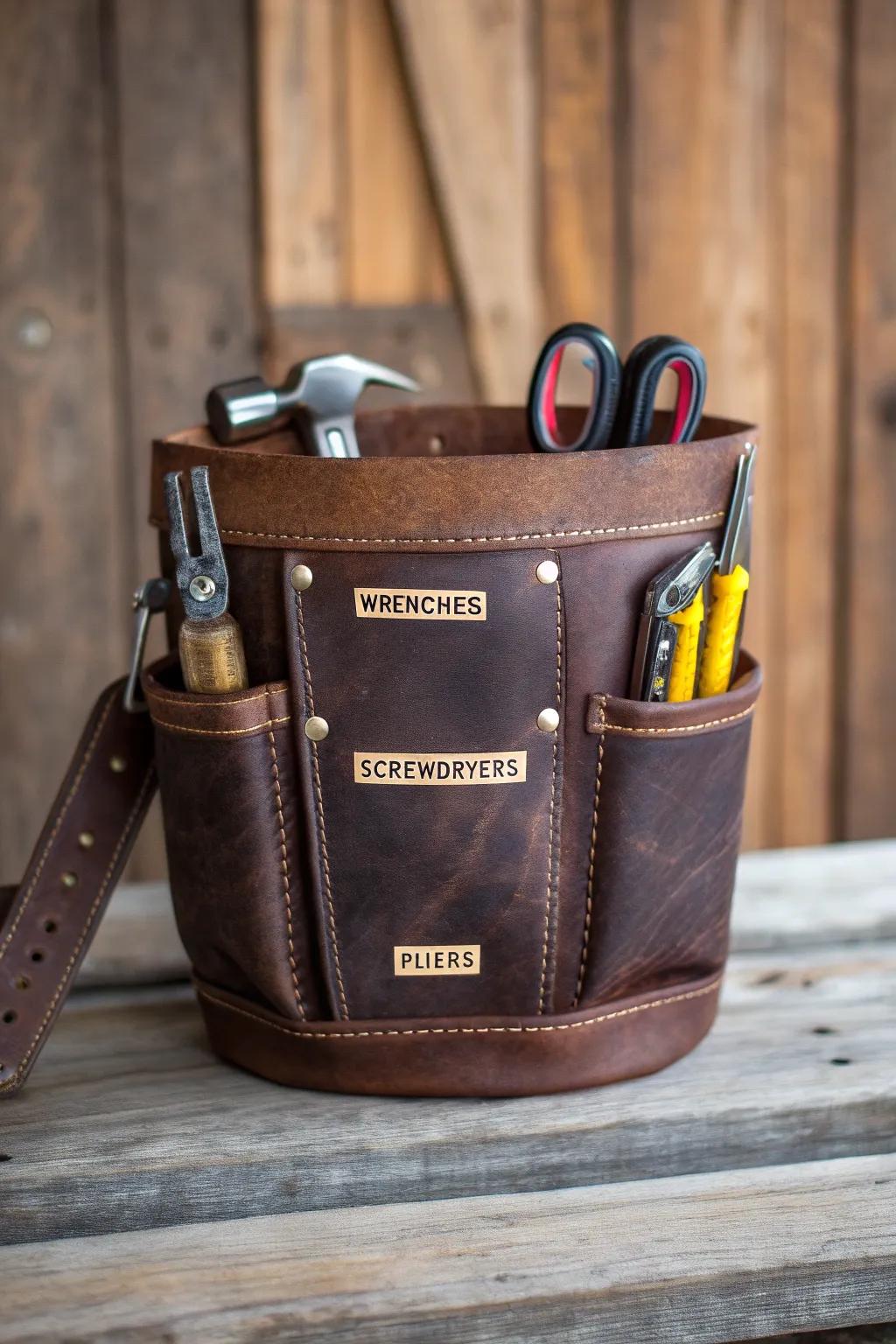 Elevate your craftsmanship with a leather bucket tool organizer that keeps every tool in its place.