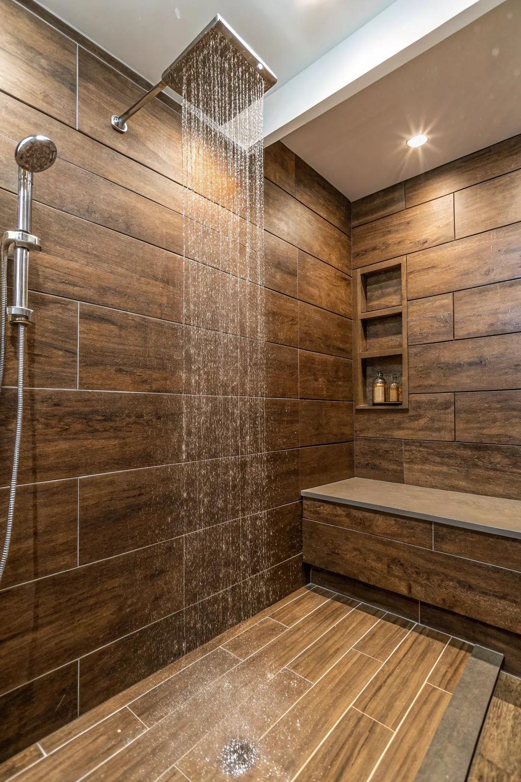 Deluxe vinyl tiling proffers sturdiness and vogue in chocolate tile showers.