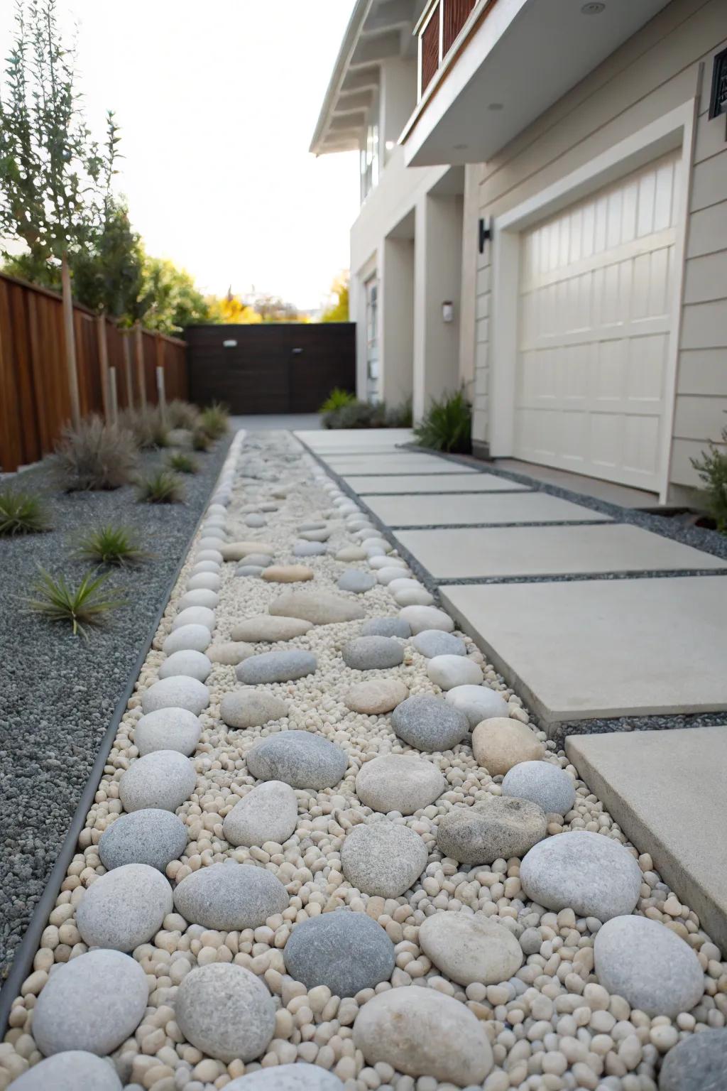 Convert your driveway into a peaceful haven with an understated pebble composition.