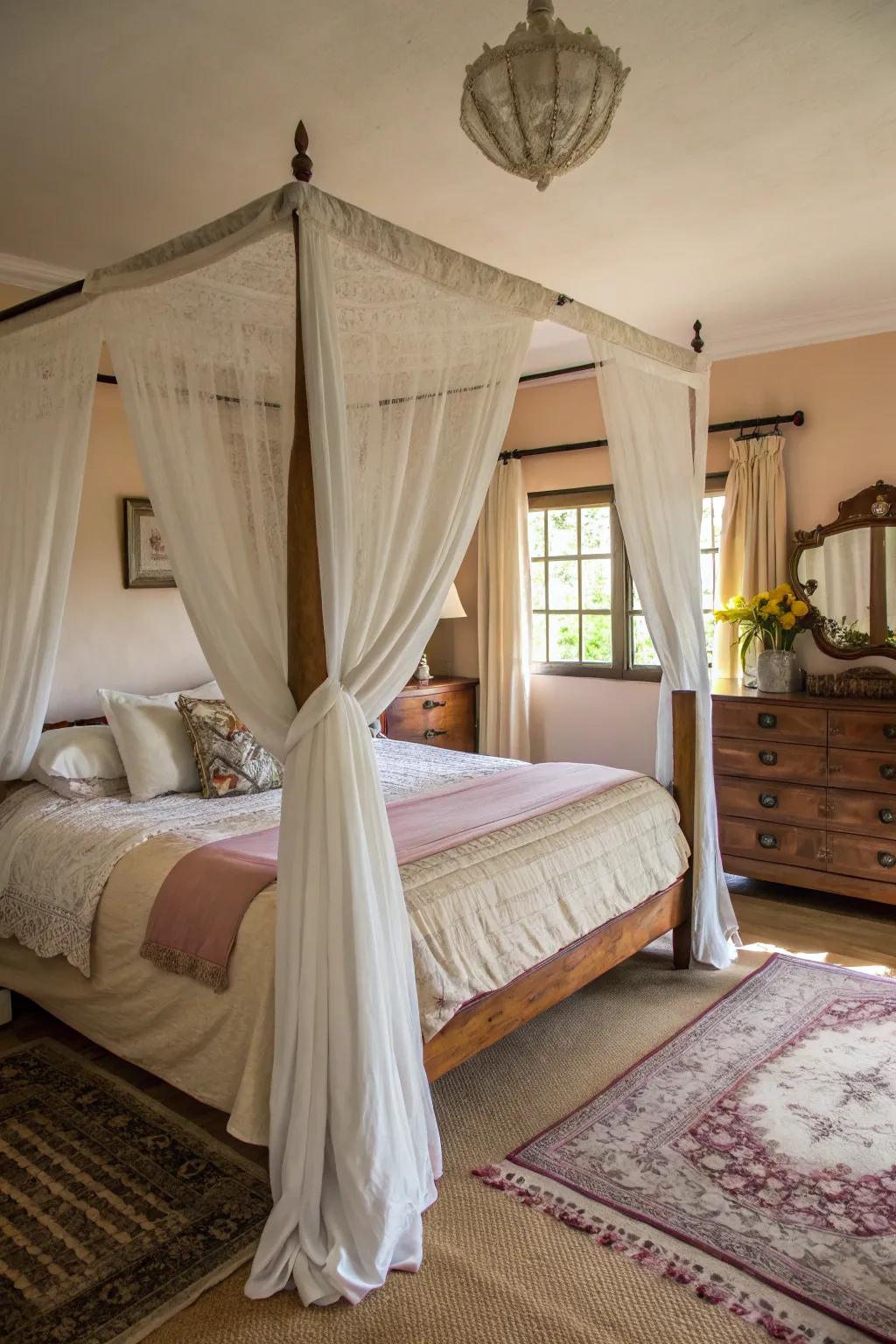 Four-poster beds cultivate a snug, sanctuary-like feel.