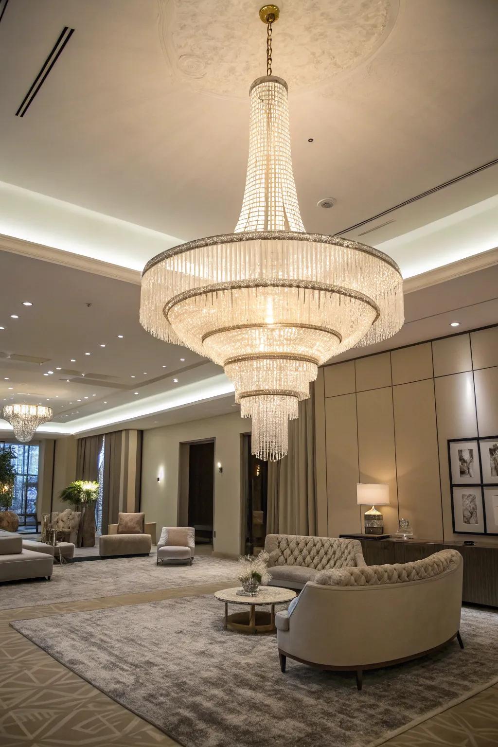 A room features a sculptural chandelier that serves as a core artwork.