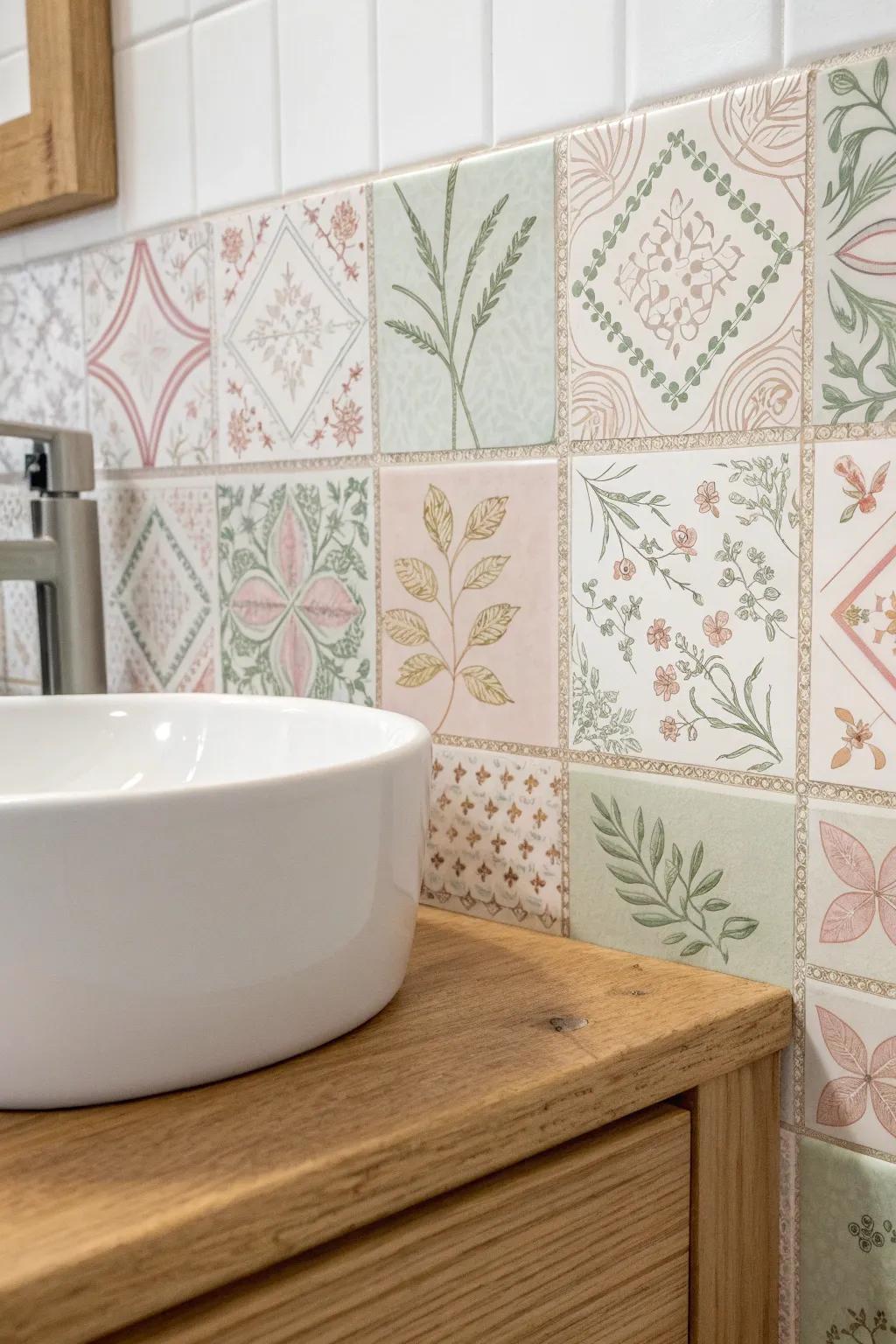 Elevate your bathroom with a unique decoupage backsplash—where art meets simplicity.