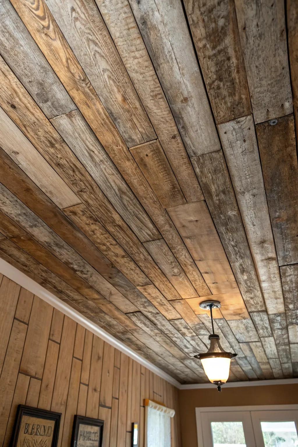 Transform your ceiling with rustic wallpaper for an authentic wood look without the high cost.